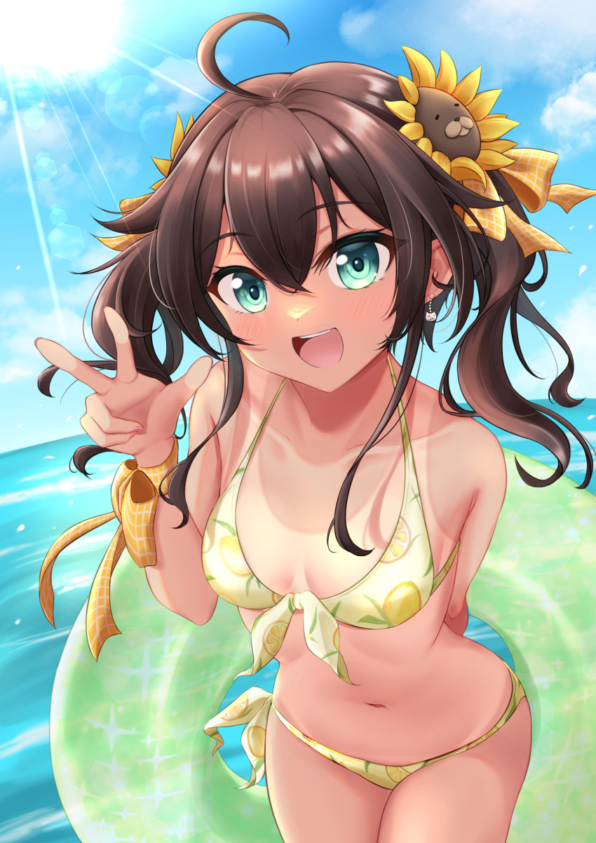 1girl absurdres ahoge bikini blue_eyes blue_sky breasts brown_hair clouds commentary_request cowboy_shot day flower foreshortening hair_flower hair_ornament hair_ribbon highres hololive horizon innertube kaigan lemon_print long_hair looking_at_viewer medium_hair natsuiro_matsuri ocean one_eye_closed open_mouth outdoors ribbon side-tie_bikini sky small_breasts smile solo sun sunflower swimsuit tan tanlines teeth twintails upper_teeth v virtual_youtuber yellow_bikini