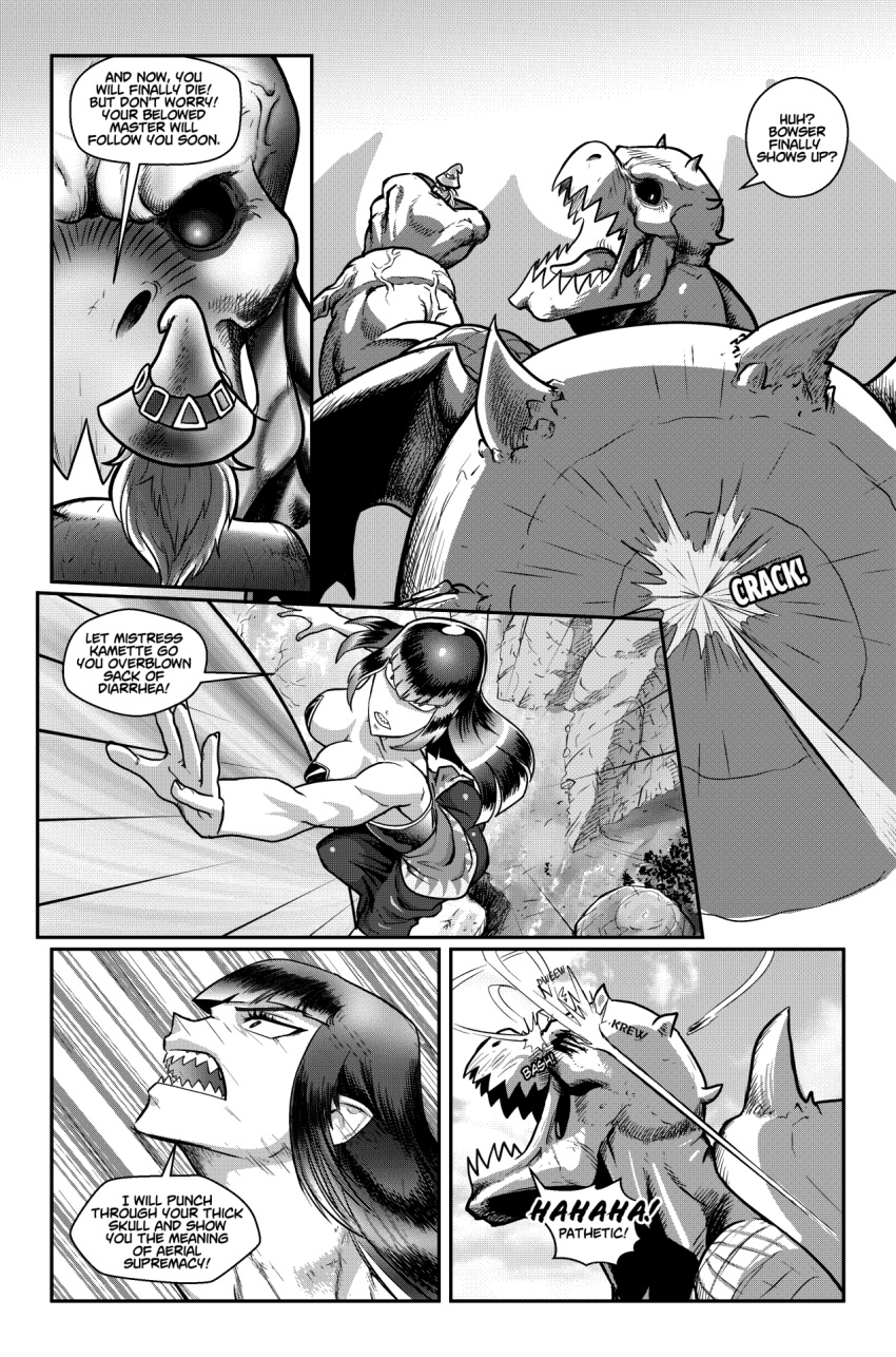 1boy 2girls action attack bangs battle bob-omb breasts dress english_text genderswap genderswap_(mtf) genderswap_(otf) giant greyscale hat highres kamek large_breasts left-to-right_manga long_dress long_hair monochrome monster multiple_girls new_super_mario_bros._u_deluxe personification pointy_ears sharp_teeth size_difference solo_focus spiked_shell straight_hair strapless strapless_dress super_mario_bros. super_mario_rpg teeth tony_kuusisto tsurime turtle_shell veins veiny_arms witch_hat