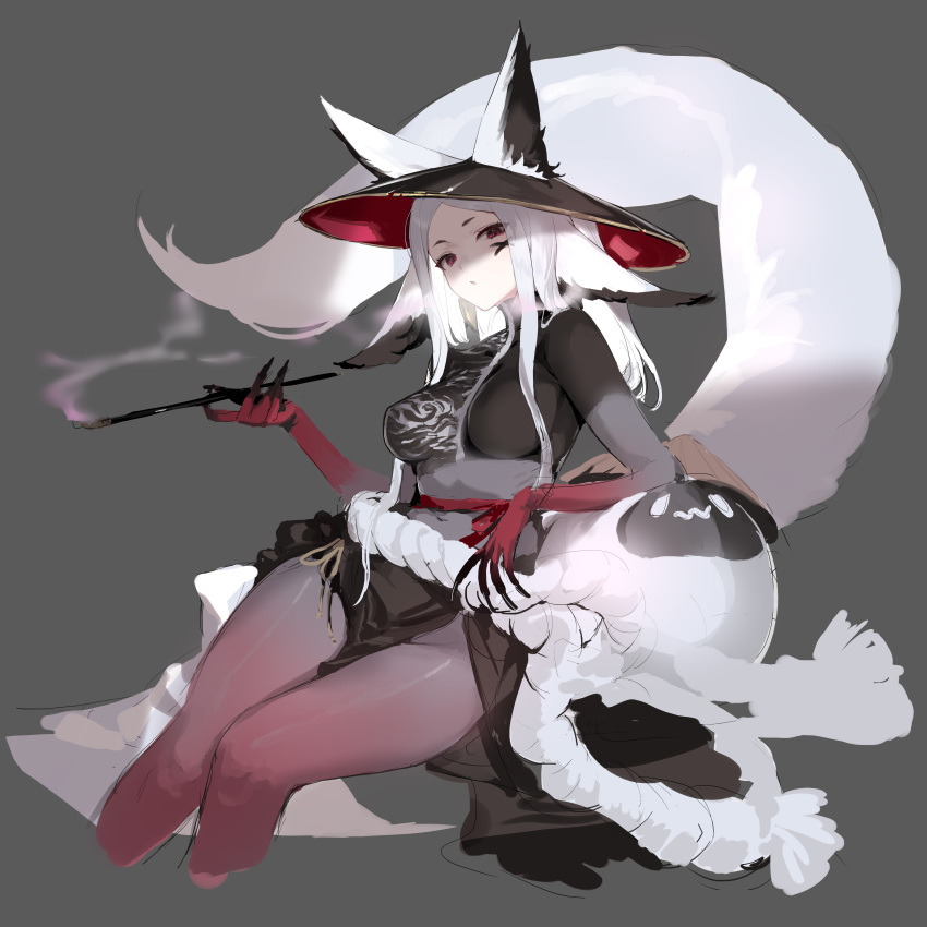 1girl :o absurdres animal_ears animal_hat breasts cat_hat claws cropped_legs dyarikku_(vtuber) elbow_rest facial_mark feet_out_of_frame fingernails gradient_skin grey_background hat highres holding holding_smoking_pipe knees long_fingernails long_hair looking_at_viewer medium_breasts pantyhose red_eyes shaded_face shisantian sidelocks simple_background sitting sketch smoking_pipe solo tail thighs virtual_youtuber vyugen white_hair