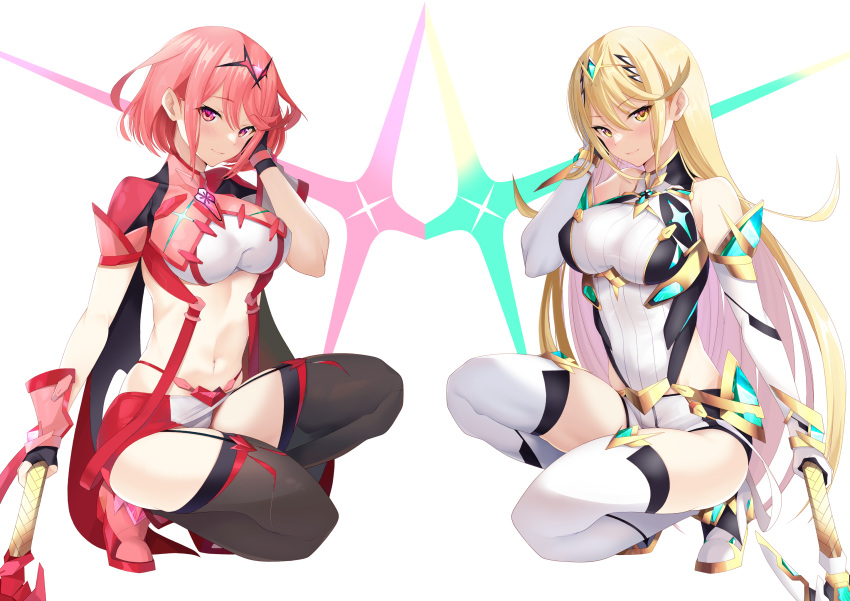 2girls adapted_costume aegis_sword_(xenoblade) bangs blonde_hair breasts chest_jewel daive dress earrings elbow_gloves gem gloves headpiece highres jewelry large_breasts long_hair looking_at_viewer multiple_girls mythra_(xenoblade) pyra_(xenoblade) pyra_(xenoblade)_(prototype) red_eyes redhead short_dress short_hair short_shorts shorts smile squatting swept_bangs sword thigh-highs tiara very_long_hair weapon white_dress white_gloves white_legwear xenoblade_chronicles_(series) xenoblade_chronicles_2 yellow_eyes