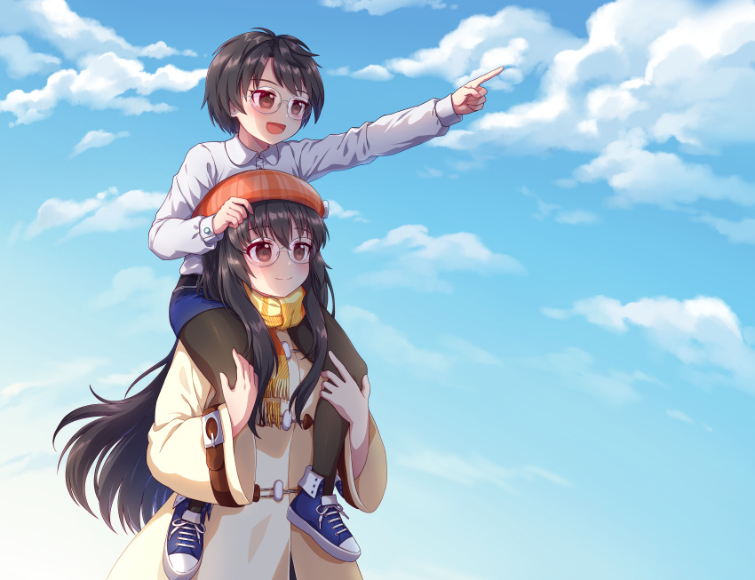2girls :d absurdres bangs beret black_hair black_legwear blue_footwear blue_shorts blue_sky blush brown_coat brown_eyes carrying closed_mouth clouds coat collared_shirt commentary_request commission day dress_shirt english_commentary eyebrows_visible_through_hair fringe_trim glasses hat highres kaoling legwear_under_shorts long_hair long_sleeves looking_away multiple_girls orange_headwear original outdoors outstretched_arm pantyhose pixiv_request plaid_headwear pointy_ears scarf shirt shoes short_shorts shorts shoulder_carry sky smile very_long_hair white_shirt wide_sleeves yellow_scarf