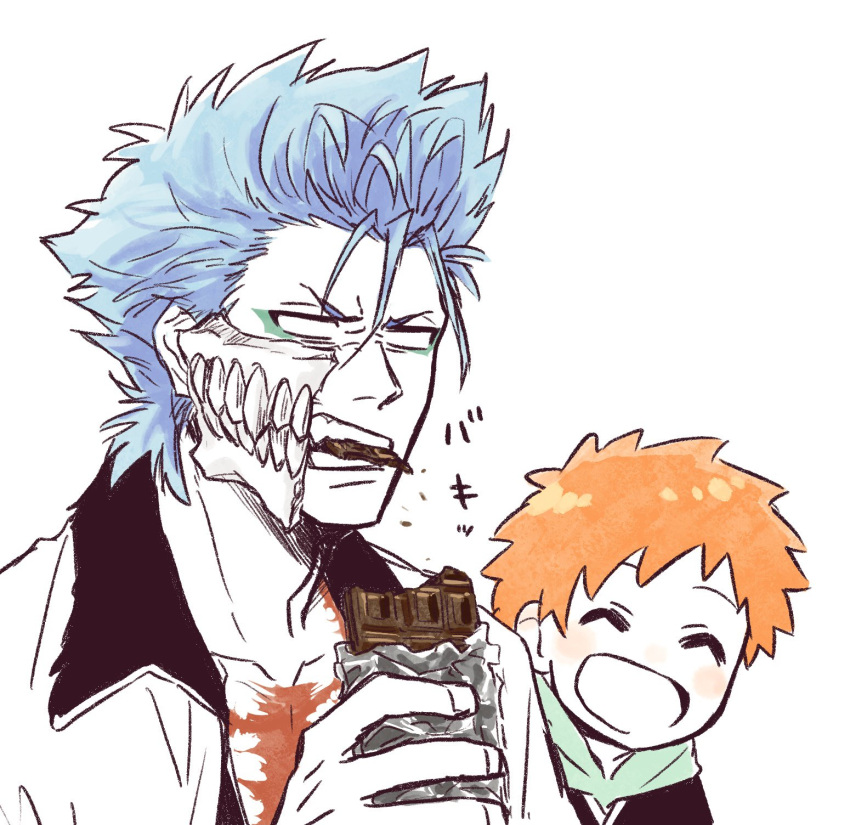 bleach blue_hair blush bone candy chocolate chocolate_bar choko_egg collarbone eating food grimmjow_jaegerjaquez happy highres holding holding_food kurosaki_kazui male_focus open_mouth orange_hair scar scar_on_chest short_hair teeth upper_body white_background