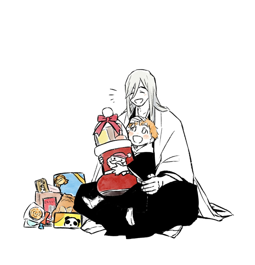 2boys absurdres black_hakama bleach blush bow candy choko_egg closed_eyes food full_body grey_hair hakama happy highres holding japanese_clothes kurosaki_kazui long_hair long_sleeves looking_at_another male_focus multiple_boys open_mouth orange_hair red_bow short_hair sitting sitting_on_lap sitting_on_person tabi ukitake_juushirou white_background