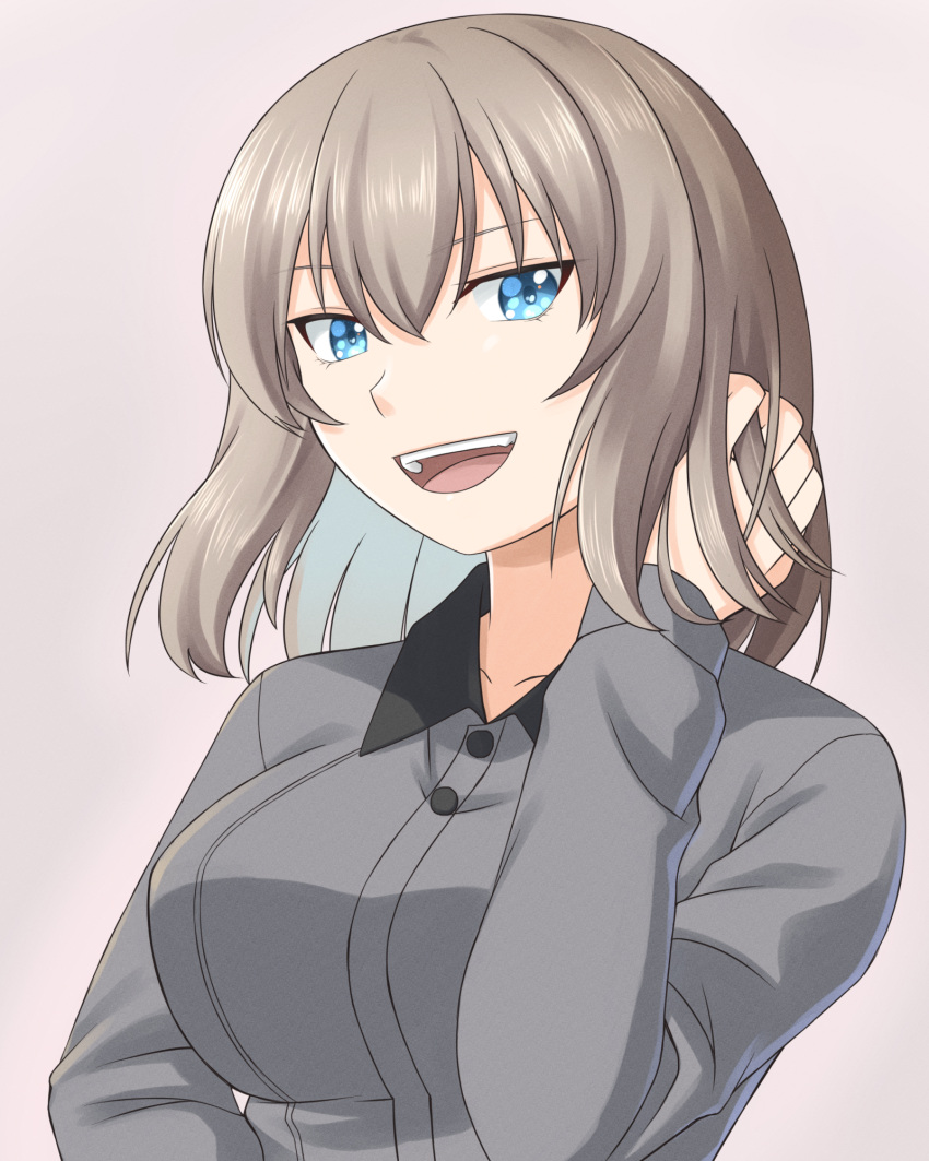 1girl bangs beni_(bluebluesky) blue_eyes commentary dress_shirt eyebrows_visible_through_hair girls_und_panzer grey_background grey_shirt hand_in_own_hair highres itsumi_erika kuromorimine_school_uniform long_sleeves looking_at_viewer medium_hair open_mouth school_uniform shirt smile solo upper_body wing_collar