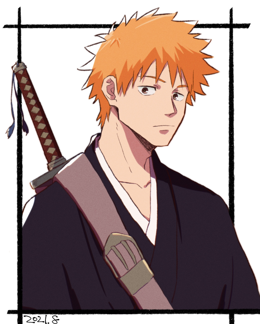 1boy bleach brown_eyes choko_egg collarbone highres japanese_clothes kurosaki_ichigo looking_at_viewer male_focus orange_hair sheath sheathed short_hair solo sword tassel upper_body weapon weapon_on_back white_background