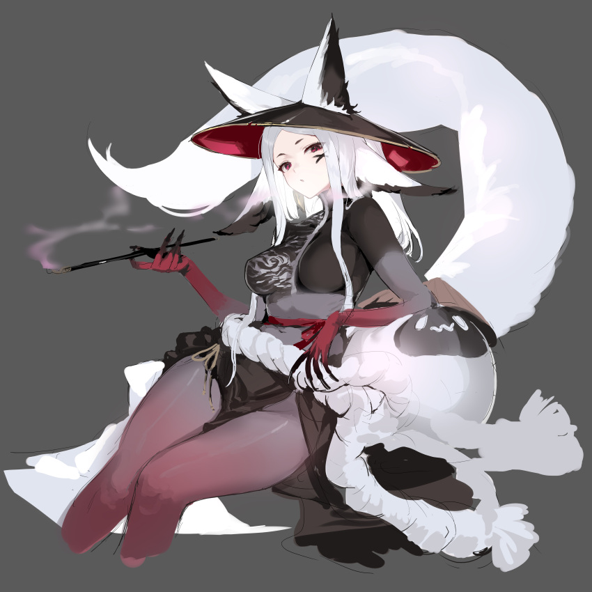 1girl :o absurdres animal_ears animal_hat breasts cat_hat claws cropped_legs dyarikku_(vtuber) elbow_rest facial_mark feet_out_of_frame fingernails gradient_skin grey_background hat highres holding holding_smoking_pipe knees long_fingernails long_hair looking_at_viewer medium_breasts pantyhose red_eyes shisantian sidelocks simple_background sitting sketch smoking_pipe solo tail thighs virtual_youtuber vyugen white_hair
