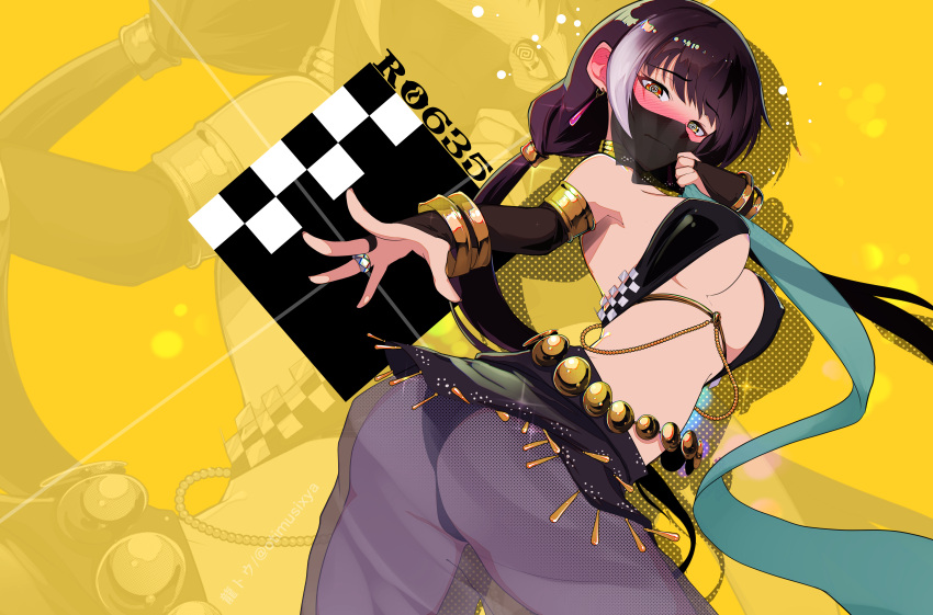 1girl absurdres alternate_costume ass bangs black_hair black_panties black_skirt black_veil blush bracelet bracer breasts character_name closed_mouth commission covered_nipples dancer eyebrows_visible_through_hair feet_out_of_frame girls_frontline hair_ornament hairclip heterochromia highres jewelry long_hair looking_at_viewer looking_to_the_side medium_breasts miniskirt mouth_veil multicolored_hair panties pixiv_request red_eyes ring ro635_(girls'_frontline) ryuu_tou skirt solo standing streaked_hair thighs under_boob underwear veil yellow_eyes