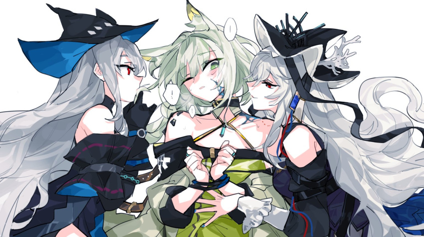 ... 3girls animal_ear_fluff animal_ears arknights bare_shoulders bite_mark black_gloves black_headwear blonde_hair blue_headwear blue_nails blush bound bound_wrists cat_ears closed_mouth collarbone commentary_request coral detached_sleeves dress gloves green_dress green_eyes hat kal'tsit_(arknights) kissing_hair long_hair long_sleeves looking_at_another multiple_girls open_mouth oripathy_lesion_(arknights) red_eyes rekka skadi_(arknights) smile specter_(arknights) specter_the_unchained_(arknights) spoken_ellipsis two-tone_headwear upper_body very_long_hair white_background white_hair yuri