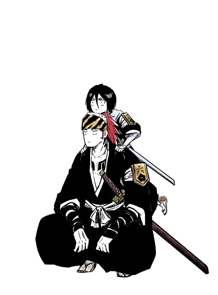 1boy 1girl abarai_renji absurdres animal_print black_hair black_hakama bleach chest_tattoo choko_egg full_body hair_between_eyes hakama headband highres japanese_clothes kuchiki_rukia long_hair long_sleeves lying on_back redhead sheath sheathed short_hair sideburns sitting squatting sword tattoo tiger_print weapon white_background zouri