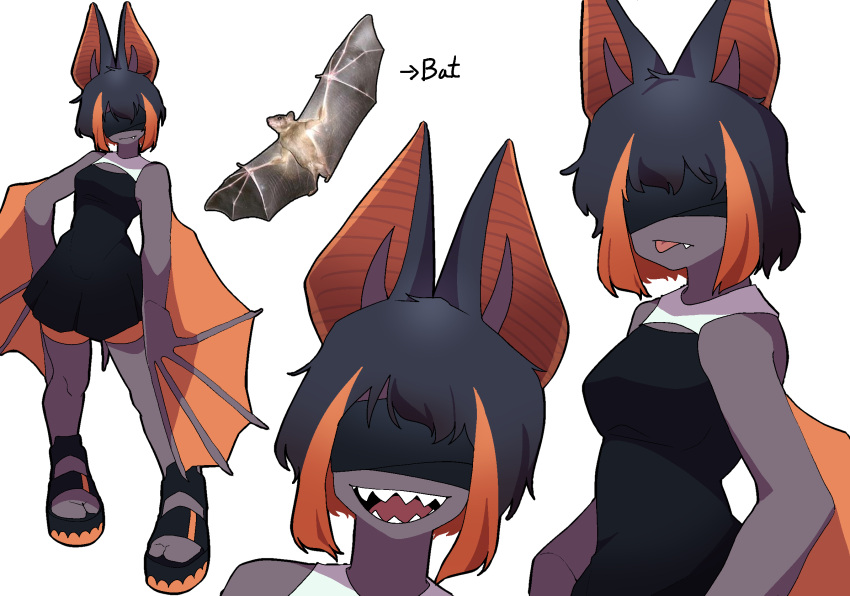 1girl animal_ears bat bat_ears bat_girl bat_wings black_dress black_hair colored_inner_hair colored_skin covered_eyes dress ehfhfh_3712 english_text facing_viewer fang fang_out full_body grey_skin grin highres monster_girl multicolored_hair multiple_views open_mouth orange_hair orange_shorts original personification pleated_dress sandals sharp_teeth short_hair shorts sleeveless sleeveless_dress smile streaked_hair teeth toeless_footwear tongue tongue_out two-tone_hair upper_body white_background winged_arms wings