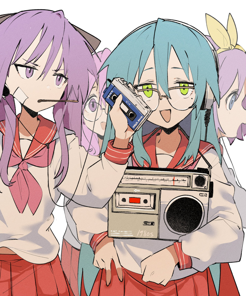 4girls :3 absurdres bandaid bangs bespectacled blue_eyes blue_hair bow brown_bow cassette_player cowboy_shot ddari eyebrows_visible_through_hair film_grain food furrowed_brow glasses green_eyes hair_between_eyes hair_bow hair_ornament hair_ribbon hand_up headphones highres hiiragi_kagami hiiragi_tsukasa izumi_konata jitome long_hair long_sleeves looking_at_another looking_at_viewer lucky_star midriff_peek mole mole_under_eye multiple_girls neckerchief open_mouth pink_hair pleated_skirt pocky pocky_in_mouth profile purple_hair red_neckerchief red_sailor_collar red_skirt ribbon sailor_collar school_uniform serafuku shirt sidelocks simple_background skirt smile straight_hair takara_miyuki tareme tsurime very_long_hair violet_eyes walkman white_background white_shirt yellow_bow