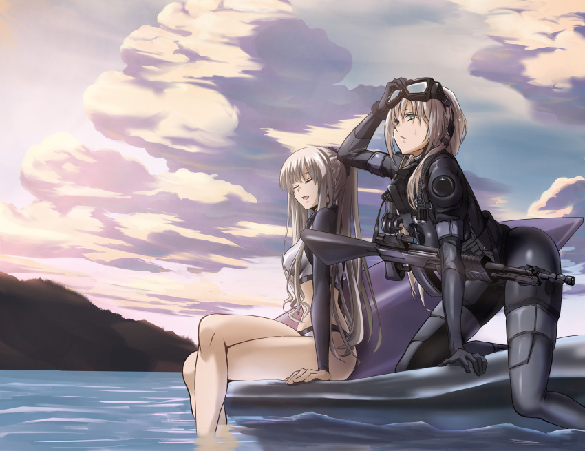 2girls absurdres ak-12_(age_of_slushies)_(girls'_frontline) ak-12_(girls'_frontline) an-94 an-94_(girls'_frontline) an-94_(the_diving_bell_and_the_doll)_(girls'_frontline) aqua_eyes assault_rifle bangs black_bodysuit blonde_hair bodysuit breasts closed_eyes clouds cloudy_sky commentary crossed_legs defy_(girls'_frontline) eyebrows_visible_through_hair eyewear_on_head girls_frontline grey_hair gun hair_ornament hairclip hand_on_eyewear highres long_hair looking_up medium_breasts megane_jigoku multiple_girls on_water open_mouth rifle sideboob sitting sky small_breasts smile surfboard swimsuit thighs water weapon wet_face white_swimsuit
