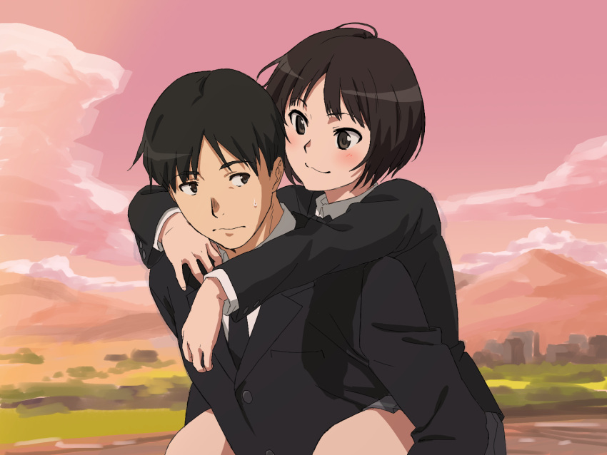 1boy 1girl :3 amagami arms_around_neck black_cardigan black_eyes black_hair black_jacket black_necktie blurry blurry_background blush bob_cut brother_and_sister brown_eyes cardigan carrying cityscape closed_mouth clouds commentary dress_shirt foliage grey_skirt hair_strand highres jacket kibito_high_school_uniform light_frown looking_at_another masuo_(masdlivelove) mountain necktie piggyback pink_sky pleated_skirt school_uniform shirt short_hair siblings skirt smile suit_jacket sunset sweatdrop tachibana_jun'ichi tachibana_miya white_shirt