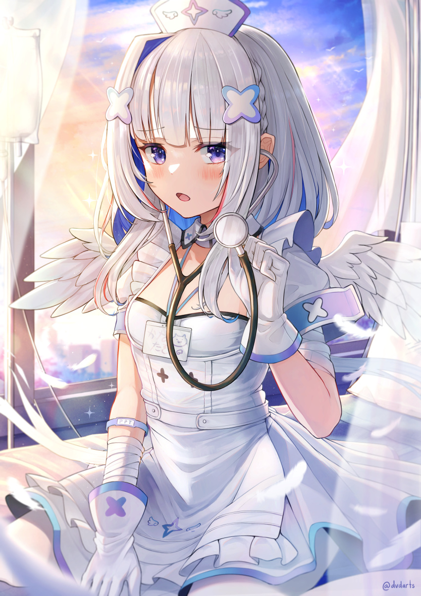 1girl absurdres amane_kanata angel_wings apron armband bandaged_arm bandages bangs blue_hair blush braid colored_inner_hair curtains day detached_collar dress dvdarts eyebrows_visible_through_hair feathers frilled_apron frills gloves hair_ornament hat highres holding_stethoscope hololive iv_stand looking_at_viewer medium_hair multicolored_hair nurse_cap on_bed open_mouth pantyhose pink_hair puffy_short_sleeves puffy_sleeves short_sleeves sitting sitting_on_bed solo twitter_username violet_eyes virtual_youtuber white_apron white_dress white_gloves white_hair white_legwear wings x_hair_ornament