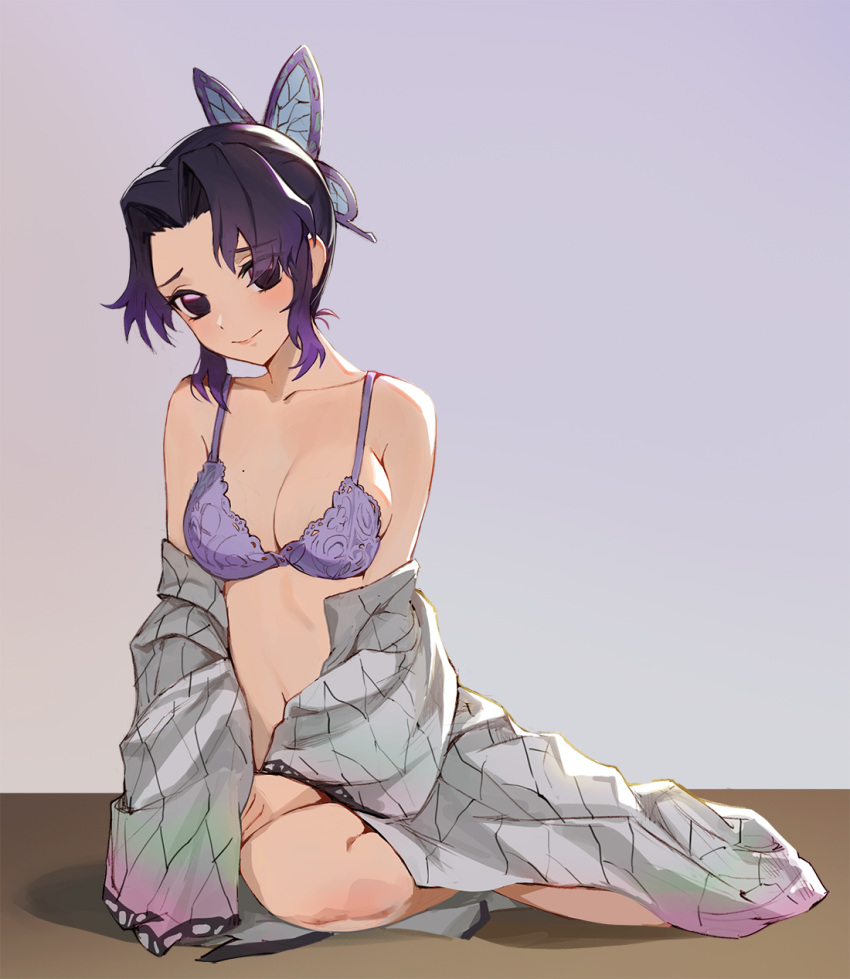 1girl black_hair bra breasts butterfly_hair_ornament closed_mouth collarbone full_body gradient_hair hair_intakes hair_ornament haori highres japanese_clothes jason_kim kimetsu_no_yaiba kochou_shinobu large_breasts looking_at_viewer medium_hair mole mole_on_breast multicolored_hair navel no_pants off_shoulder ponytail purple_bra purple_hair raised_eyebrows sitting solo stomach underwear underwear_only violet_eyes yokozuwari