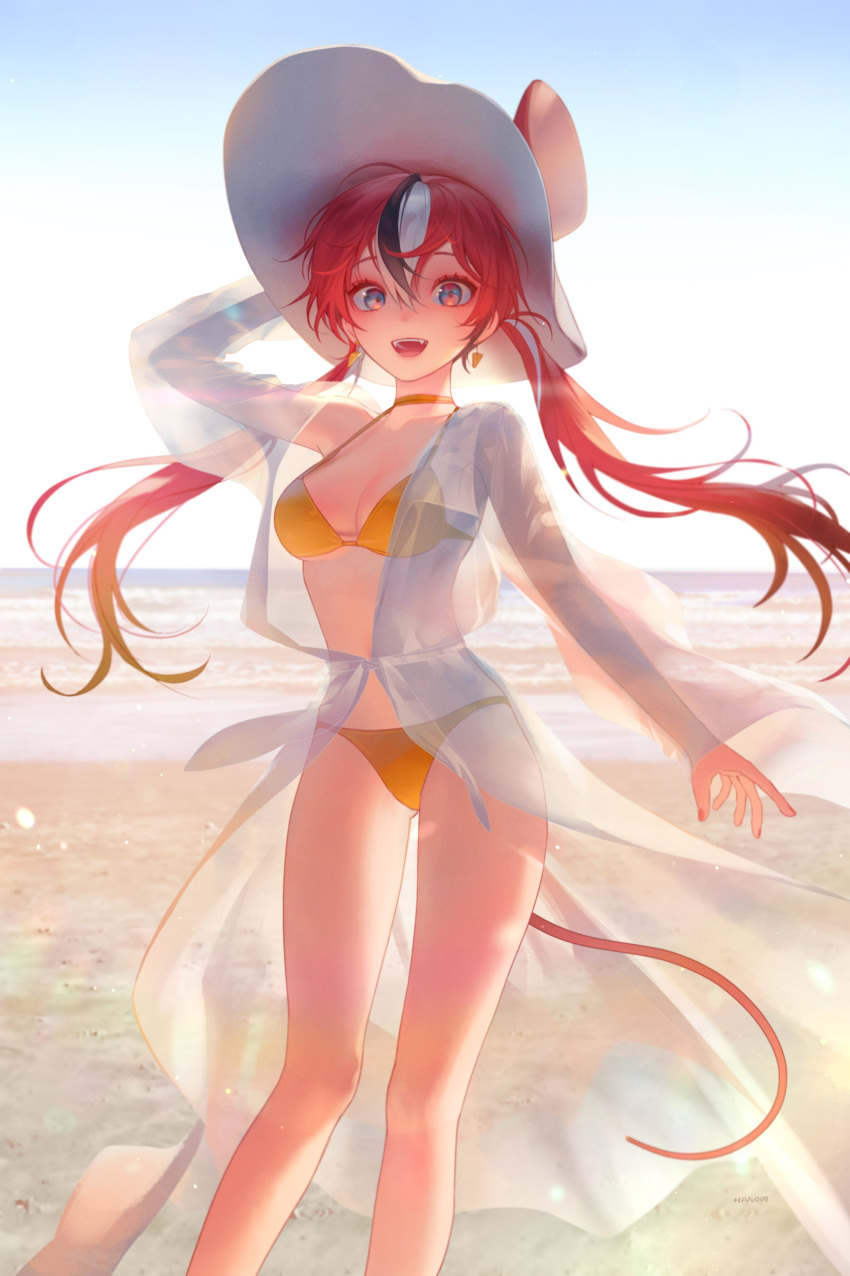 1girl absurdres animal_ears black_hair blue_eyes breasts hakos_baelz handot_(d_yot_) highres hololive hololive_english looking_at_viewer mouse_ears mouse_girl multicolored_hair redhead smile streaked_hair swimsuit tail twintails virtual_youtuber white_hair