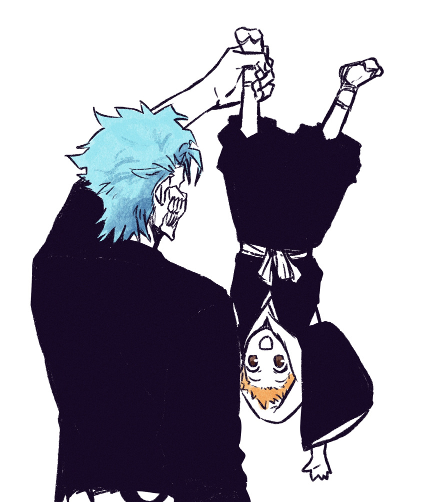 2boys bleach blue_hair bone brown_eyes choko_egg dangling grimmjow_jaegerjaquez highres holding_another's_foot kurosaki_kazui looking_at_another male_focus multiple_boys open_mouth orange_hair short_hair upper_body upside-down white_background zouri