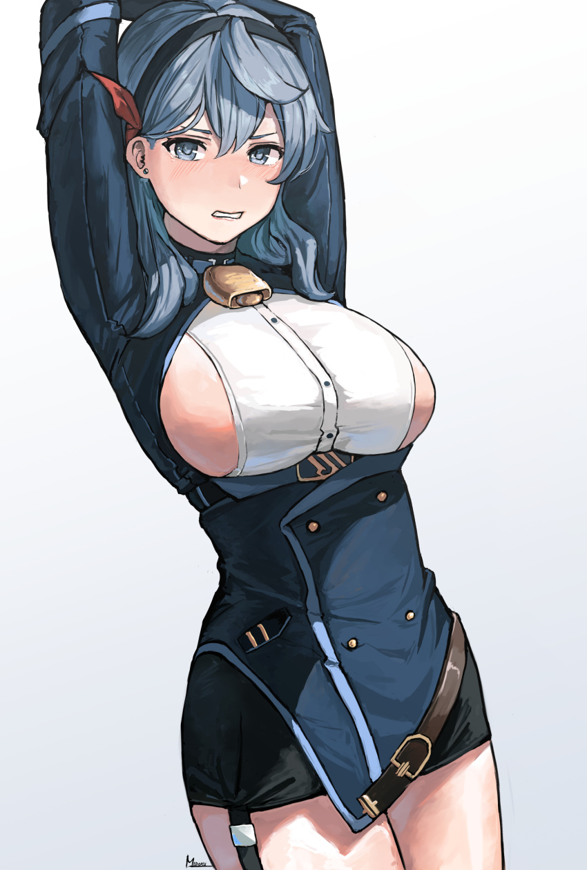 1girl absurdres ako_(blue_archive) arms_behind_head bangs bell black_hairband blue_archive blue_eyes blue_hair blush breasts earrings eyebrows_visible_through_hair feet_out_of_frame hairband highres jewelry large_breasts long_hair long_sleeves looking_at_viewer midoku neck_bell open_mouth parted_lips sideboob solo standing uniform white_background
