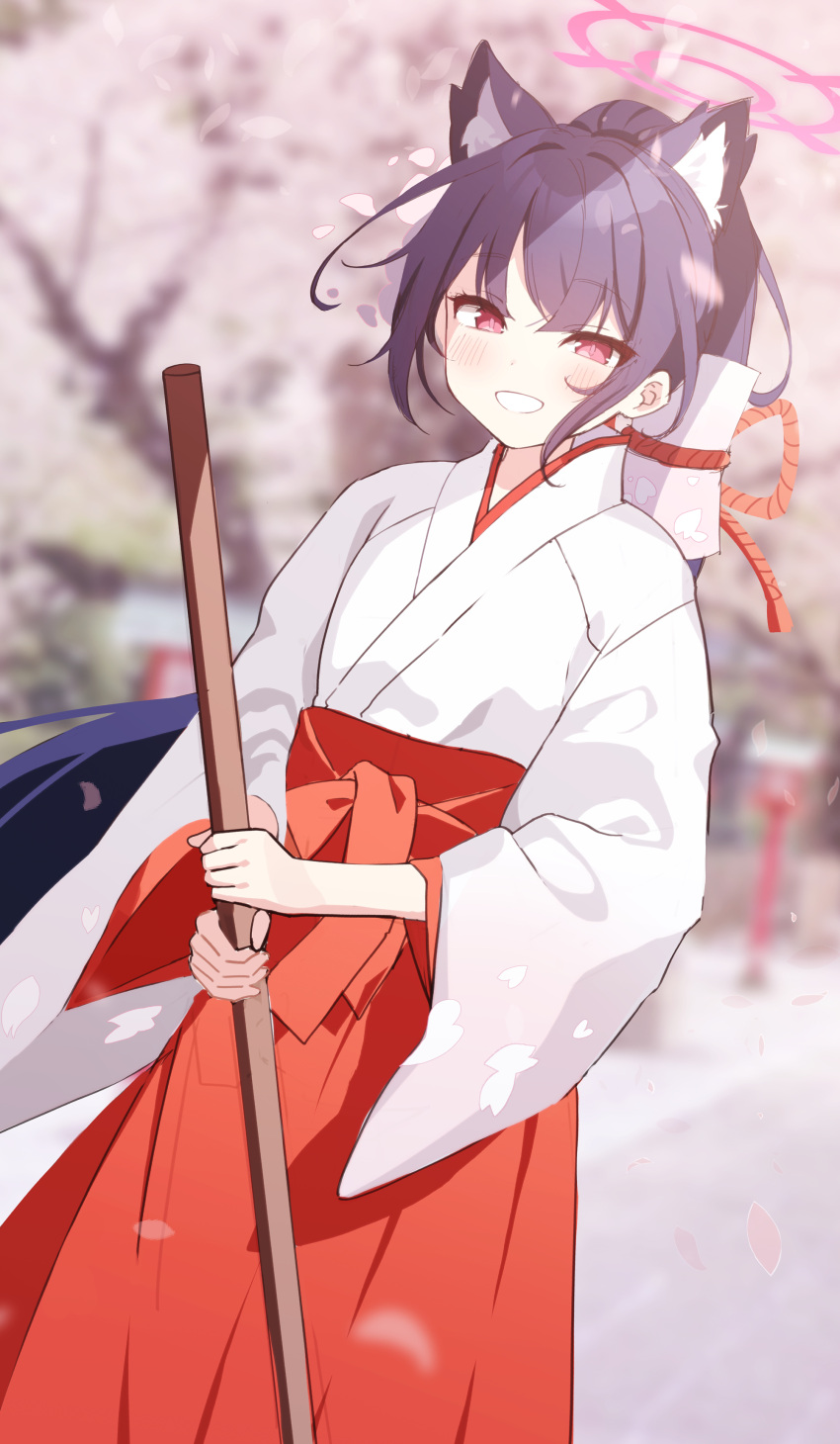 1girl absurdres animal_ear_fluff animal_ears black_hair blue_archive blurry blush cherry_blossoms depth_of_field hakama hakama_skirt halo highres holding japanese_clothes long_hair miko official_alternate_costume open_mouth pn_(wnsl216) red_eyes serika_(blue_archive) serika_(new_year)_(blue_archive) skirt smile solo tree wide_sleeves