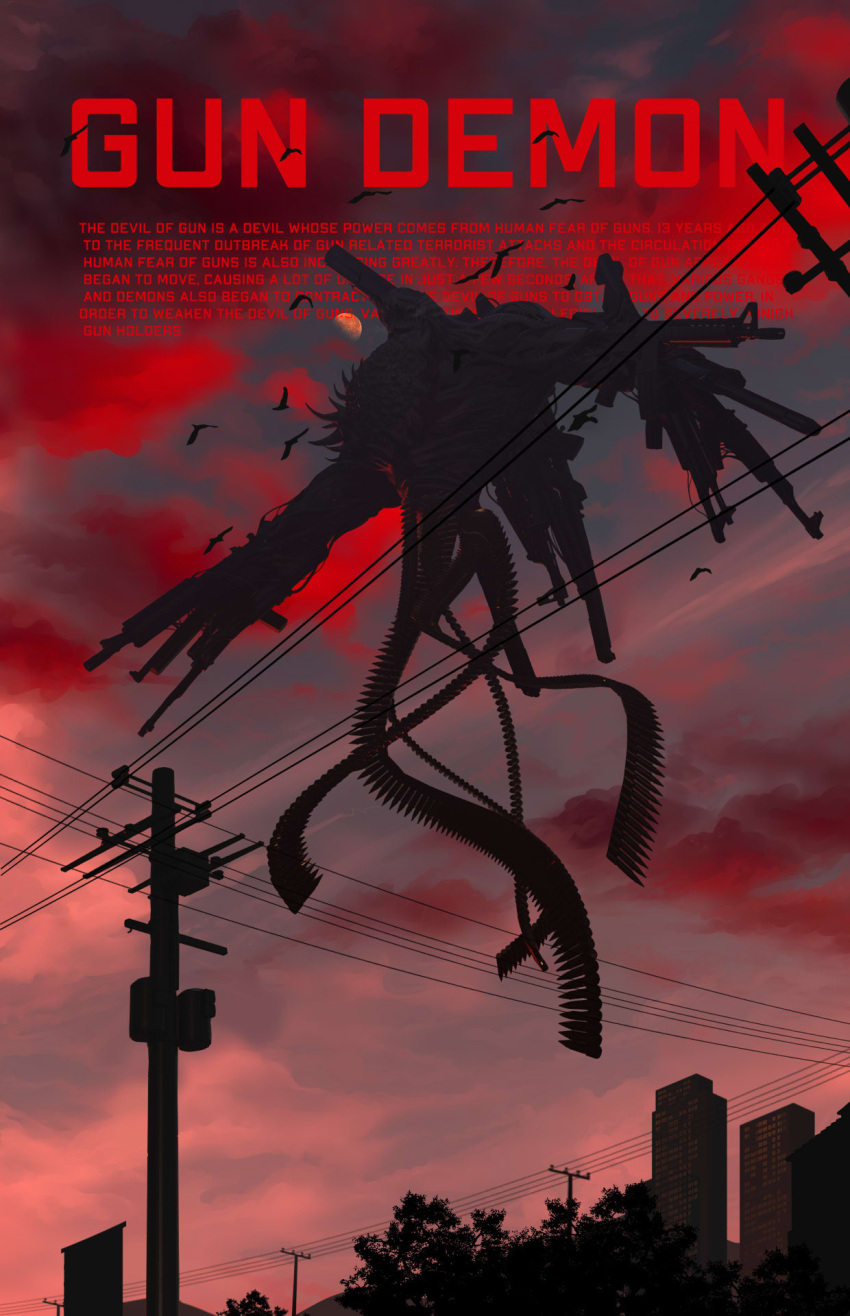 ammunition bird black_plume building bullet chainsaw_man clouds cloudy_sky gun gun_devil_(chainsaw_man) highres horror_(theme) monster night no_humans outdoors power_lines scenery shadow silhouette sinister sky solo tree utility_pole weapon wire