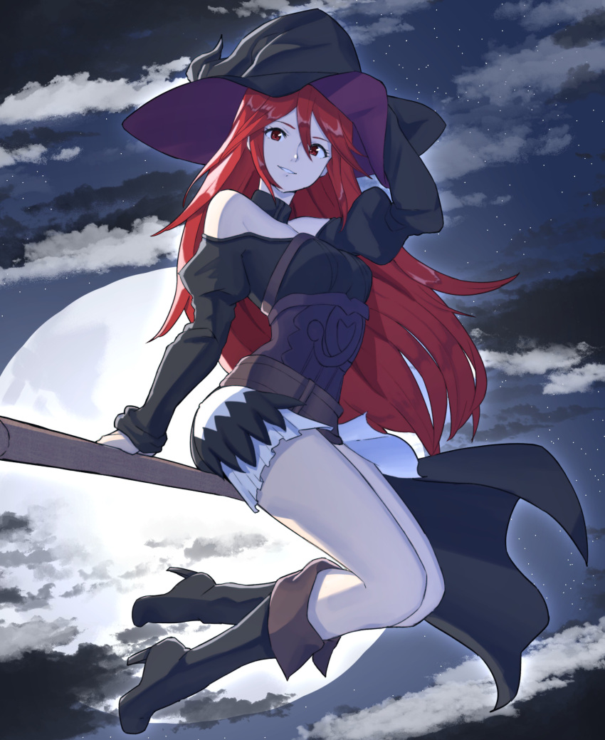 1girl absurdres alternate_costume bare_shoulders black_footwear black_headwear boots breasts broom broom_riding clouds cloudy_sky commission cordelia_(fire_emblem) fire_emblem fire_emblem_awakening fire_emblem_fates full_moon grimmelsdathird grin hair_between_eyes hat high_heel_boots high_heels highres legs legs_together long_hair long_sleeves looking_at_viewer moon night night_sky outdoors red_eyes redhead skirt sky smile solo star_(sky) starry_sky thighs very_long_hair white_skirt witch witch_hat