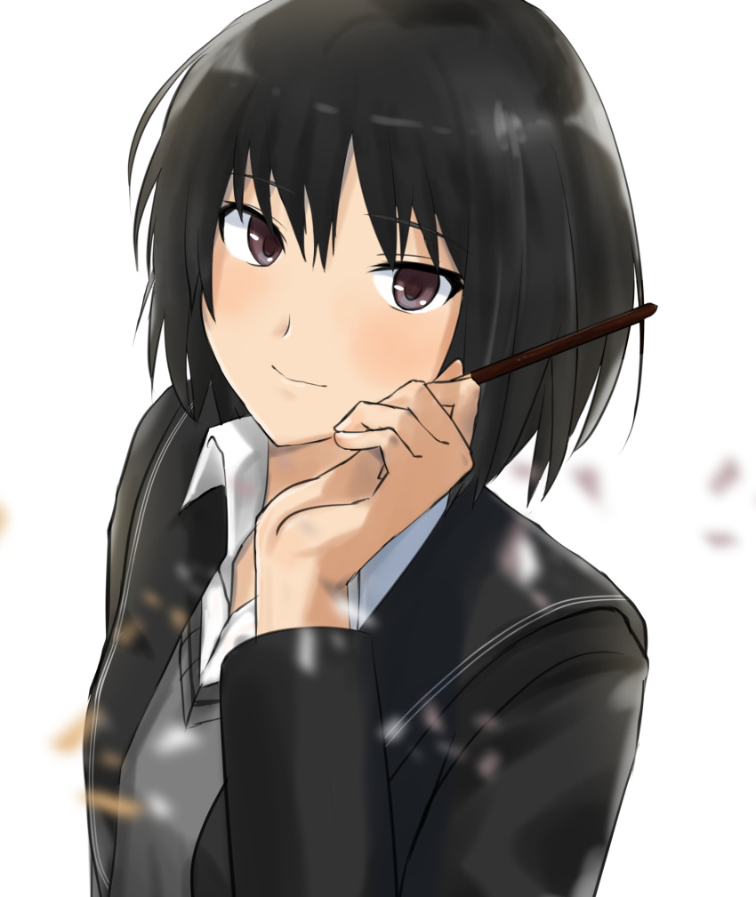 1girl amagami bangs black_cardigan black_hair black_sailor_collar blurry blurry_foreground brown_eyes candy cardigan commentary dress_shirt food grey_sweater_vest highres holding holding_candy holding_food kibito_high_school_uniform light_blush light_smile looking_at_viewer nanasaki_ai pocky sailor_collar school_uniform shirt short_hair simple_background smile solo sweater_vest upper_body white_background white_shirt yoo_tenchi