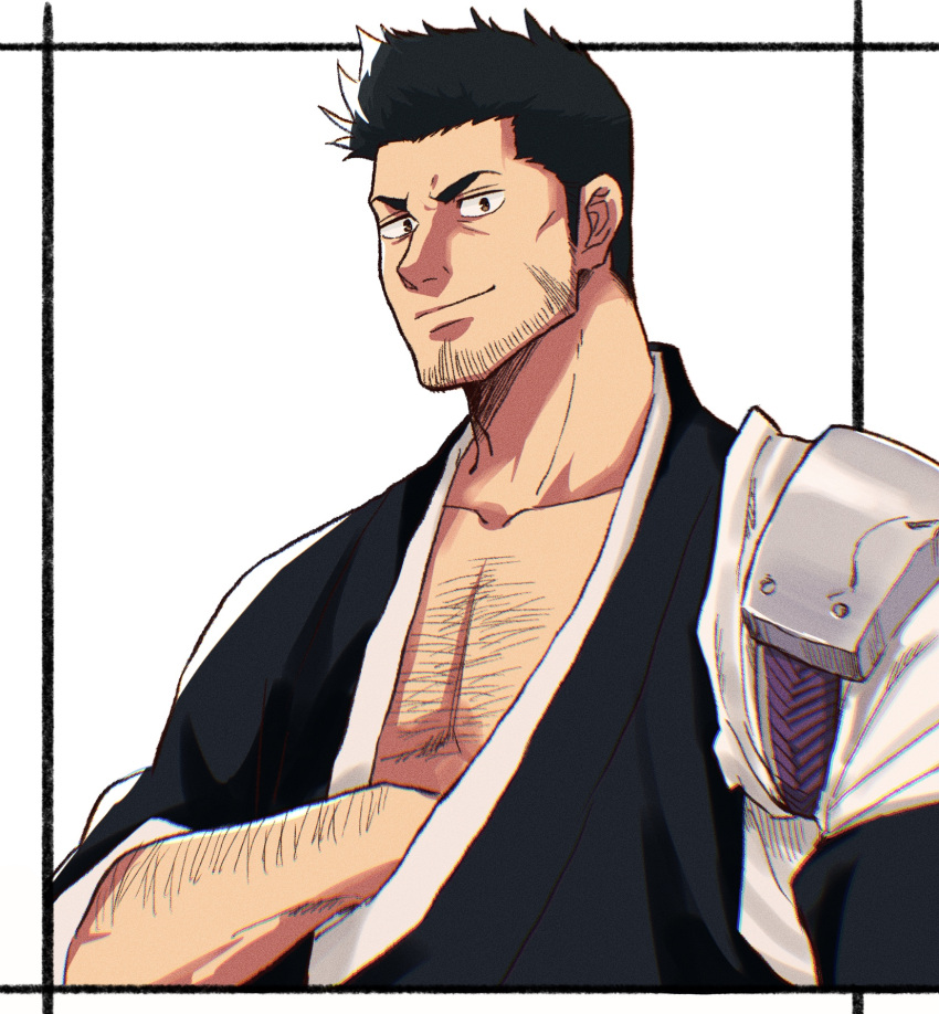 1boy arm_hair black_hair bleach chest_hair choko_egg collarbone facial_hair hand_under_clothes highres japanese_clothes kurosaki_isshin looking_at_viewer male_focus open_clothes open_shirt pectorals shirt short_hair stubble upper_body white_background