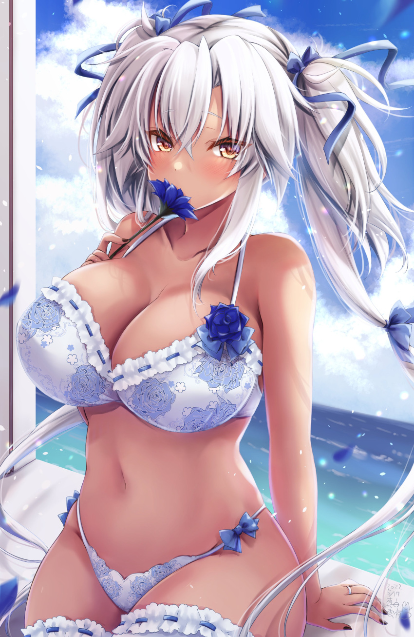 1girl absurdres black_nails blue_flower blue_ribbon blue_rose blue_sky bra breasts brown_eyes clouds cloudy_sky covered_mouth dark-skinned_female dark_skin dated floral_print flower hair_between_eyes hair_ribbon highres jewelry kantai_collection large_breasts light_brown_hair mashiro_yukiya musashi_(kancolle) ocean one-hour_drawing_challenge panties petals ribbon ring rose rose_print short_hair_with_long_locks sitting sky solo twintails two_side_up underwear water wedding_band white_bra white_panties