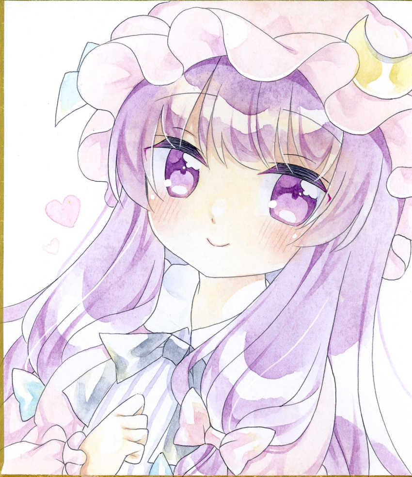1girl black_bow black_bowtie blush bow bowtie closed_mouth collar commentary_request crescent crescent_hat_ornament eyebrows_visible_through_hair hat hat_ornament heart highres kagome_f long_hair looking_at_viewer mob_cap painting_(medium) patchouli_knowledge purple_hair shikishi smile solo touhou traditional_media upper_body violet_eyes watercolor_(medium)