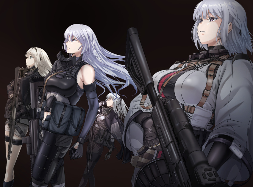 4girls ak-12 ak-12_(girls'_frontline) ak-15 ak-15_(girls'_frontline) ammunition_belt an-94 an-94_(girls'_frontline) aqua_eyes assault_rifle bangs black_background black_cape black_gloves black_pants blonde_hair bodysuit braid breasts cape closed_eyes closed_mouth commentary defy_(girls'_frontline) eyebrows_visible_through_hair feet_out_of_frame girls_frontline gloves grey_hair gun hair_ornament hairclip hand_in_own_hair highres holding holding_gun holding_weapon jacket kalashnikov_rifle large_breasts long_hair looking_away machine_gun mask mask_around_neck medium_breasts megane_jigoku multiple_girls navel pants rifle rpk-16 rpk-16_(girls'_frontline) short_hair shorts standing tactical_clothes violet_eyes weapon white_jacket white_shorts