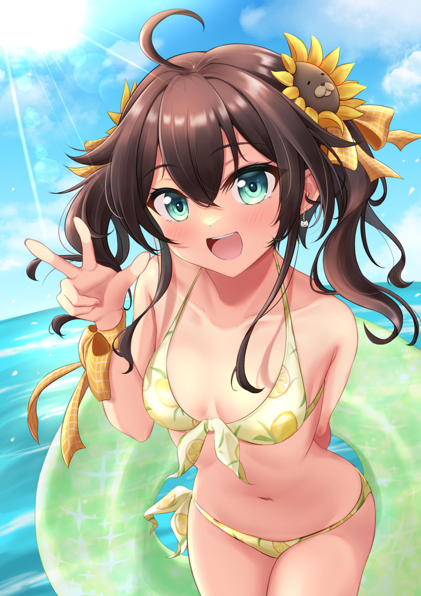 1girl absurdres ahoge bikini blue_eyes blue_sky breasts brown_hair clouds commentary_request cowboy_shot day flower foreshortening hair_flower hair_ornament hair_ribbon highres hololive horizon innertube kaigan lemon_print long_hair looking_at_viewer medium_hair natsuiro_matsuri ocean one_eye_closed open_mouth outdoors ribbon side-tie_bikini sky small_breasts smile solo sun sunflower swimsuit teeth twintails upper_teeth v virtual_youtuber yellow_bikini