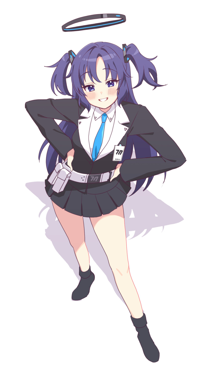 1girl bangs black_jacket black_legwear black_skirt blue_archive blue_necktie blush collared_shirt full_body grin halo hands_on_hips highres jacket long_hair long_sleeves looking_at_viewer necktie no_shoes parted_bangs pleated_skirt pn_(wnsl216) purple_hair shadow shirt skirt smile socks solo standing two_side_up very_long_hair violet_eyes white_background white_shirt yuuka_(blue_archive)