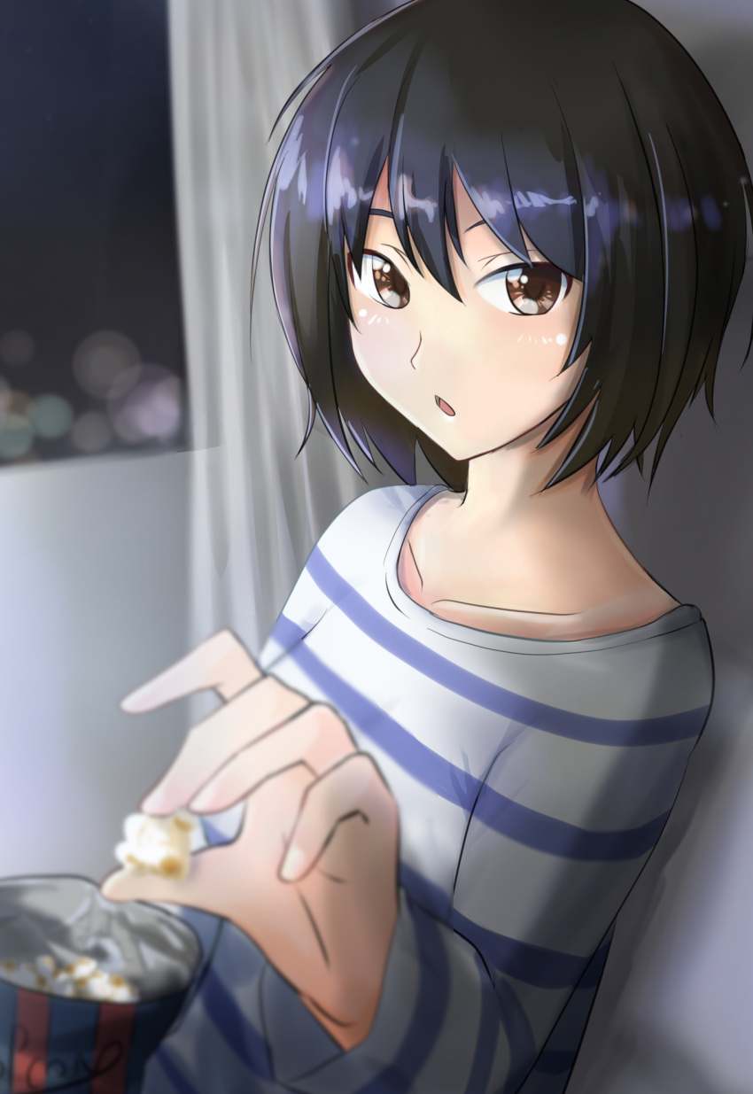 1girl :&lt; amagami bangs black_hair blue_shirt blurry blurry_background blurry_foreground brown_eyes collarbone commentary curtains food hair_between_eyes highres holding holding_food horizontal_stripes looking_at_viewer nanasaki_ai night open_mouth popcorn shadow shirt short_hair striped two-tone_shirt upper_body white_shirt window yoo_tenchi