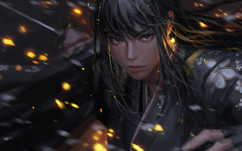 1girl bangs black_hair black_kimono blurry blurry_background closed_mouth depth_of_field floral_print grey_eyes guweiz highres holding holding_sword holding_weapon japanese_clothes katana kimono long_hair long_sleeves looking_at_viewer motion_blur original print_kimono snowing solo sword thick_eyebrows upper_body v-shaped_eyebrows weapon wide_sleeves