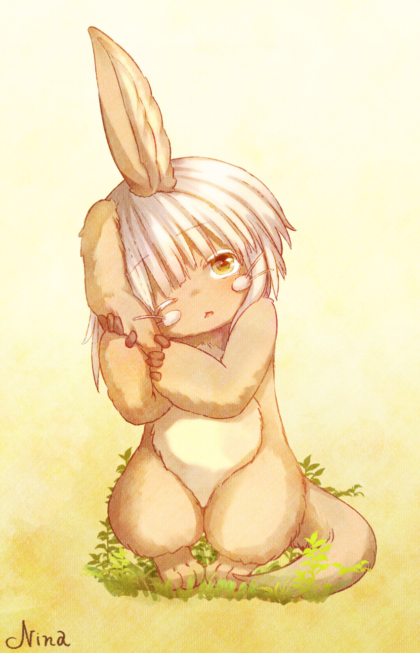 1other absurdres animal_ears artist_name brown_eyes brown_fur commentary_request covering_ears eyebrows_visible_through_hair full_body furry gradient gradient_background grey_hair hands_up head_tilt highres horizontal_pupils looking_at_viewer made_in_abyss medium_hair multiple_sources nanachi_(made_in_abyss) nina_(maurururoa) nude one_eye_closed other_focus parted_lips solo standing tail whiskers yellow_background