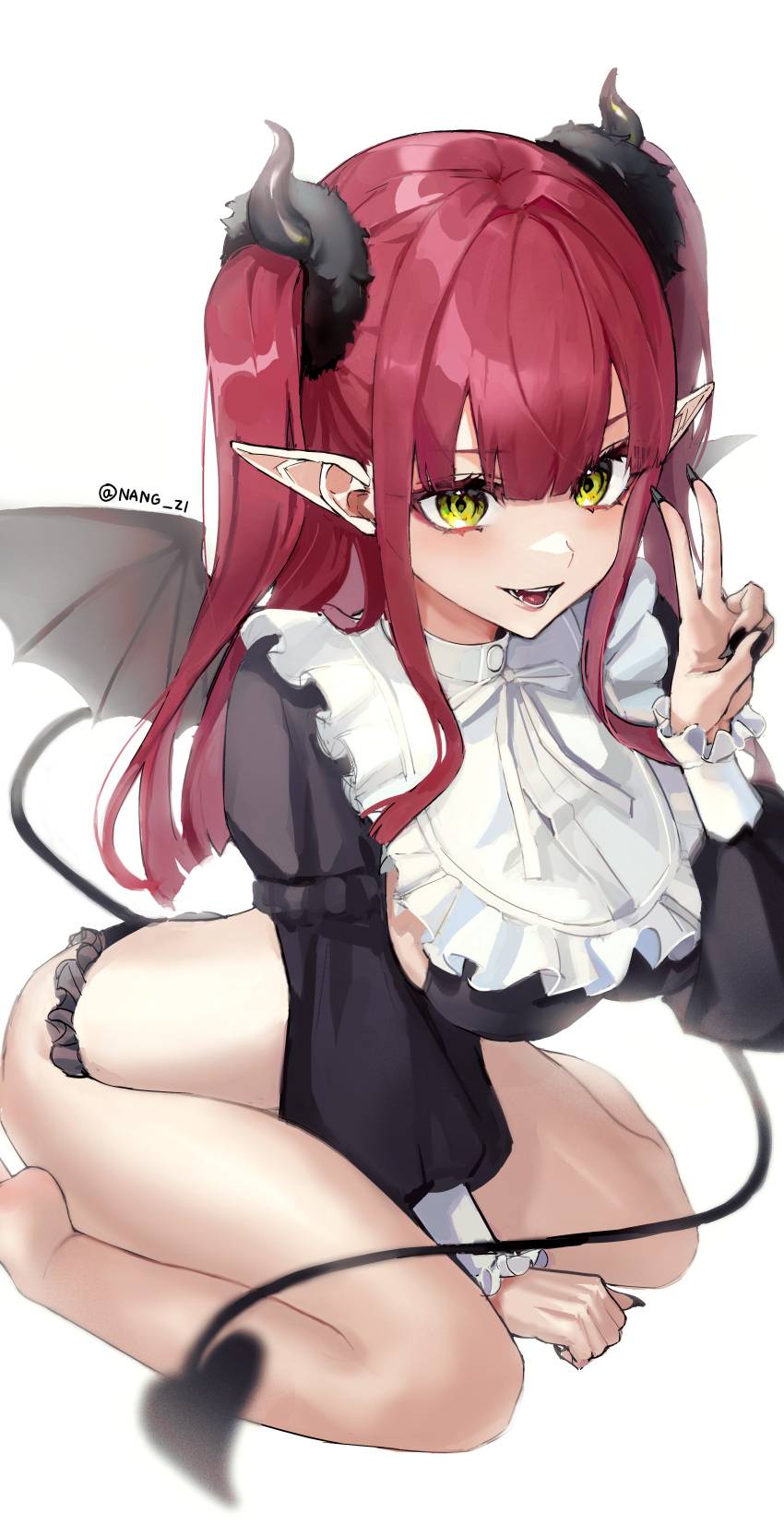 1girl :d absurdres apron arm_support bare_legs barefoot between_legs black_bra black_nails blurry blurry_foreground bra breasts commentary cosplay demon_horns demon_tail demon_wings eyebrows_behind_hair fingernails frilled_apron frilled_panties frills full_body green_eyes hand_between_legs hand_up highres horns kitagawa_marin large_breasts legs long_hair long_sleeves looking_at_viewer lower_teeth nang_z1 narrow_waist open_mouth panties pointy_ears redhead rizu-kyun sharp_fingernails simple_background sitting smile solo sono_bisque_doll_wa_koi_wo_suru tail teeth thighs tongue twitter_username two_side_up underwear upper_teeth v wariza white_apron white_background wings