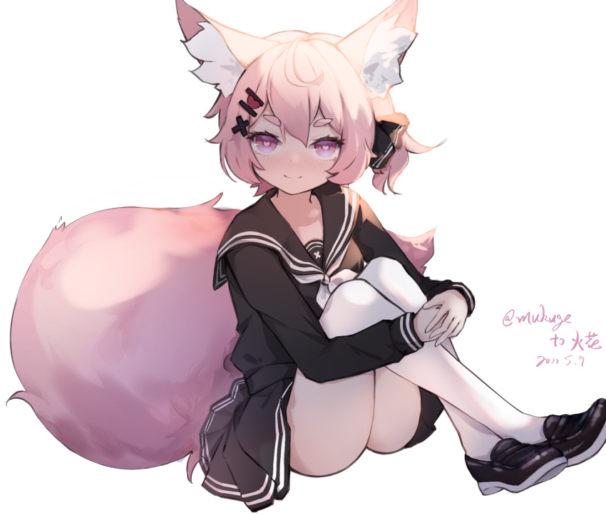 1girl ahoge an_jin_yu_jue animal_ear_fluff animal_ears black_footwear black_shirt black_skirt blush crossed_legs fox_ears fox_girl fox_tail hair_ornament hairclip heart heart-shaped_pupils heart_in_eye highres knees_to_chest knees_up legs original pantyhose pink_eyes pink_hair ribbon school_uniform serafuku shirt shoes short_hair side_ponytail sitting skirt smile solo symbol-shaped_pupils symbol_in_eye tail thighs white_legwear