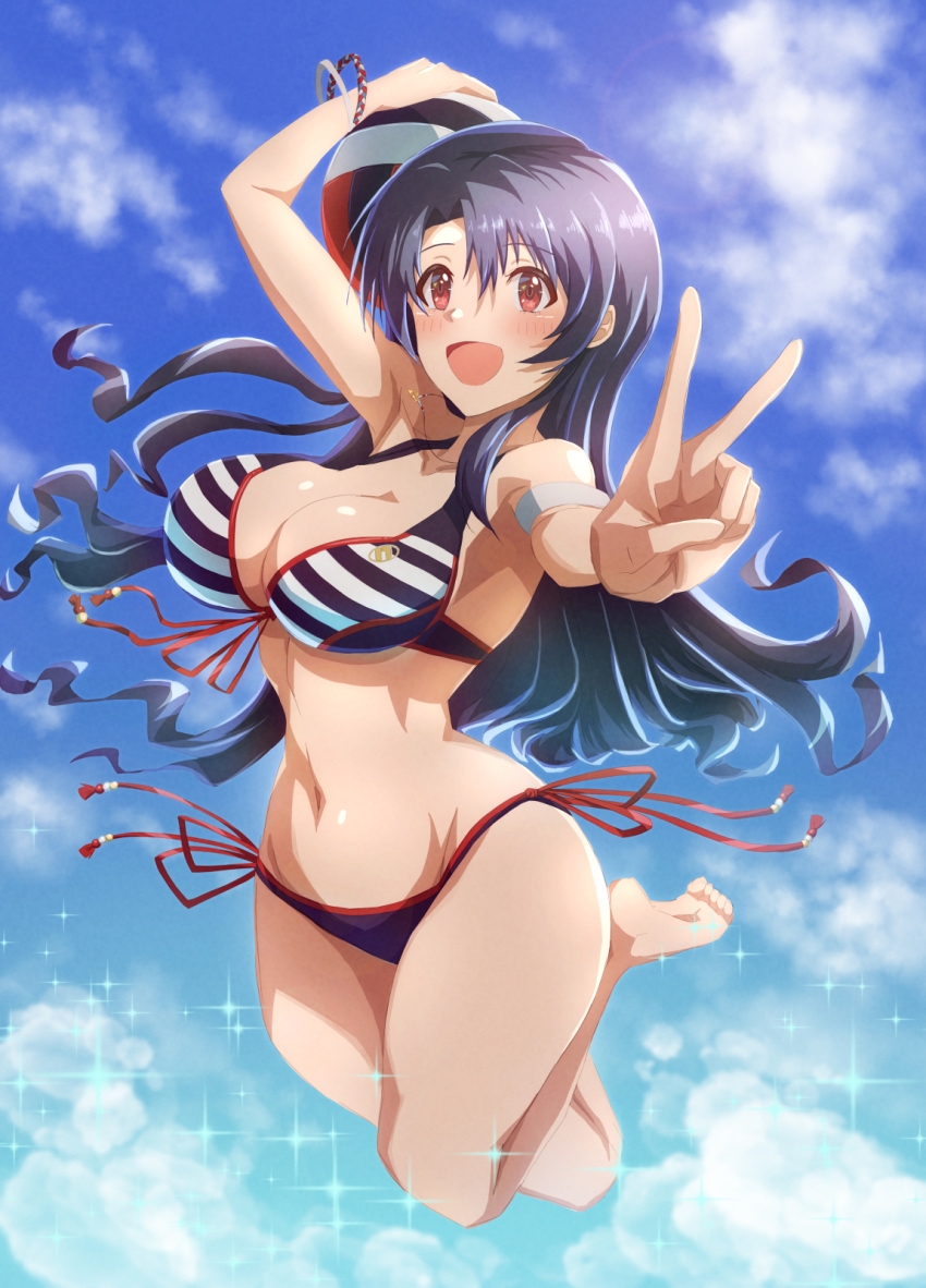 1girl bangs barefoot bikini black_hair breasts clouds cloudy_sky full_body highres idolmaster idolmaster_million_live! idolmaster_million_live!_theater_days jewelry kakiken large_breasts long_hair looking_at_viewer navel necklace open_mouth red_eyes sky smile solo sparkle striped striped_bikini swimsuit takayama_sayoko v volleyball