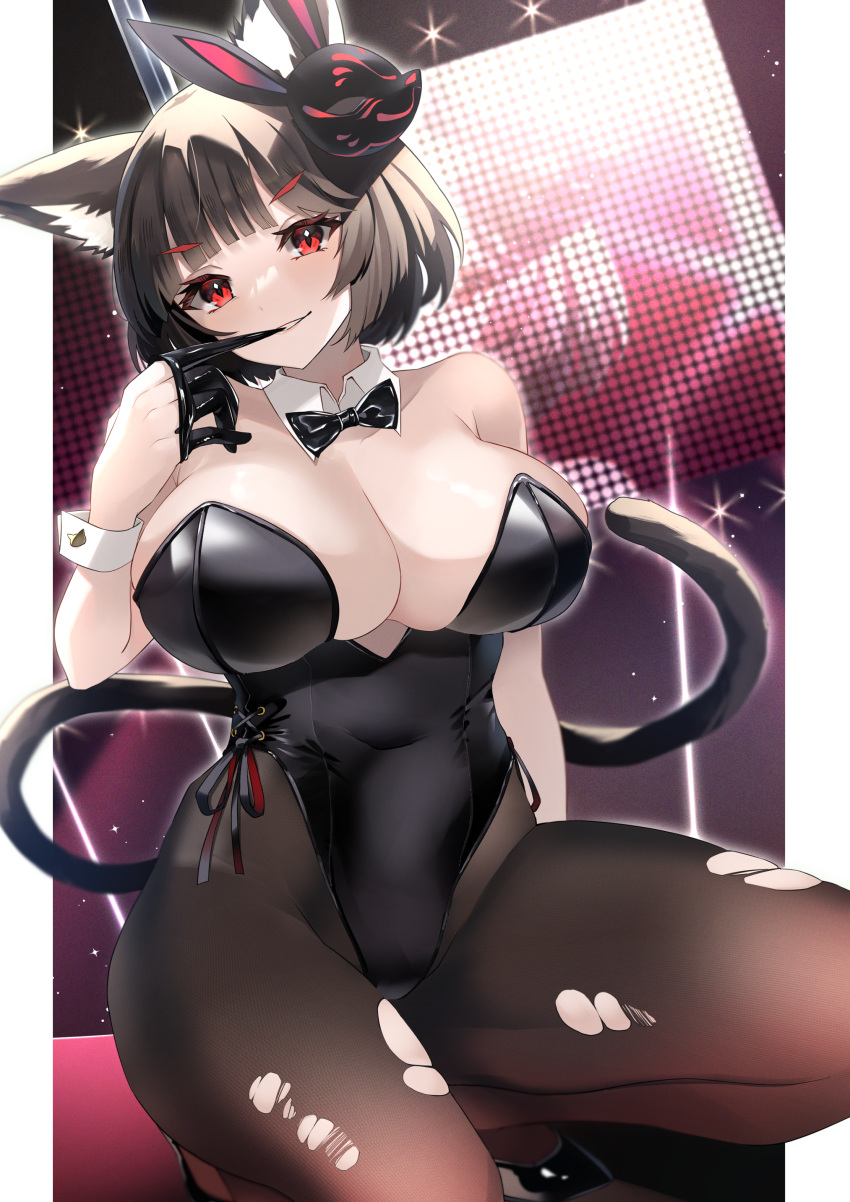 1girl absurdres animal_ear_fluff animal_ears azur_lane bare_shoulders black_bow black_bowtie black_gloves black_hair black_legwear black_leotard bow bowtie breasts cat_ears cat_mask covered_navel detached_collar gloves high_heels highres large_breasts leotard lights looking_at_viewer mask mask_on_head mismatched_eyebrows pantyhose pole_dancing red_eyes solo strapless strapless_leotard torn_clothes wrist_cuffs yamaha_tsui yamashiro_(azur_lane) yamashiro_(meta)_(azur_lane)