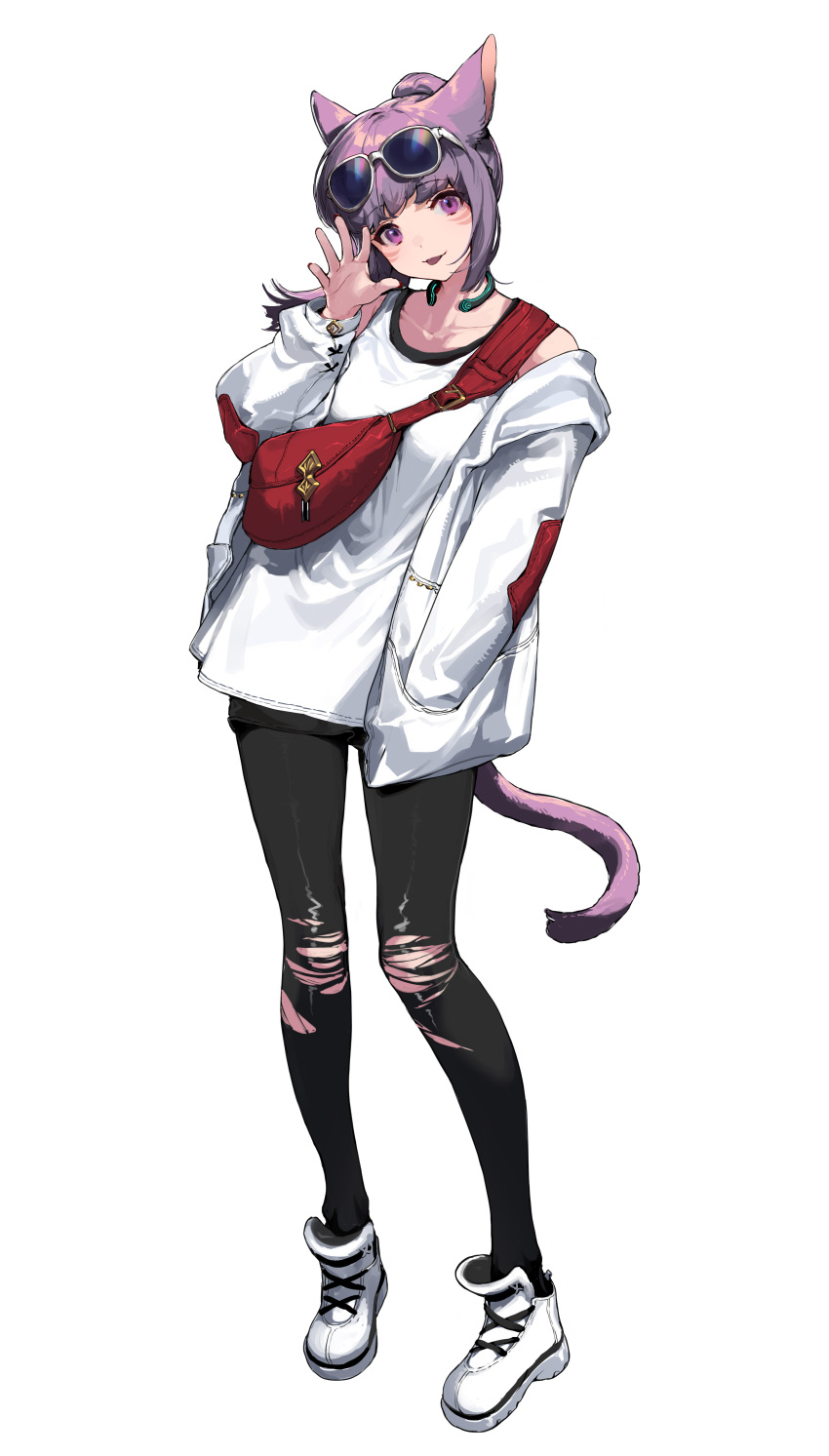 1girl absurdres animal_ears avatar_(ff14) bangs black_legwear cat_ears cat_girl cat_tail eyebrows_visible_through_hair facial_mark fanny_pack final_fantasy final_fantasy_xiv hand_in_pocket hand_up highres jacket long_sleeves looking_at_viewer miqo'te open_clothes open_jacket open_mouth pantyhose ponytail purple_hair shirt shisantian shoes simple_background smile solo standing tail torn_clothes torn_legwear violet_eyes whisker_markings white_background white_footwear white_jacket white_shirt
