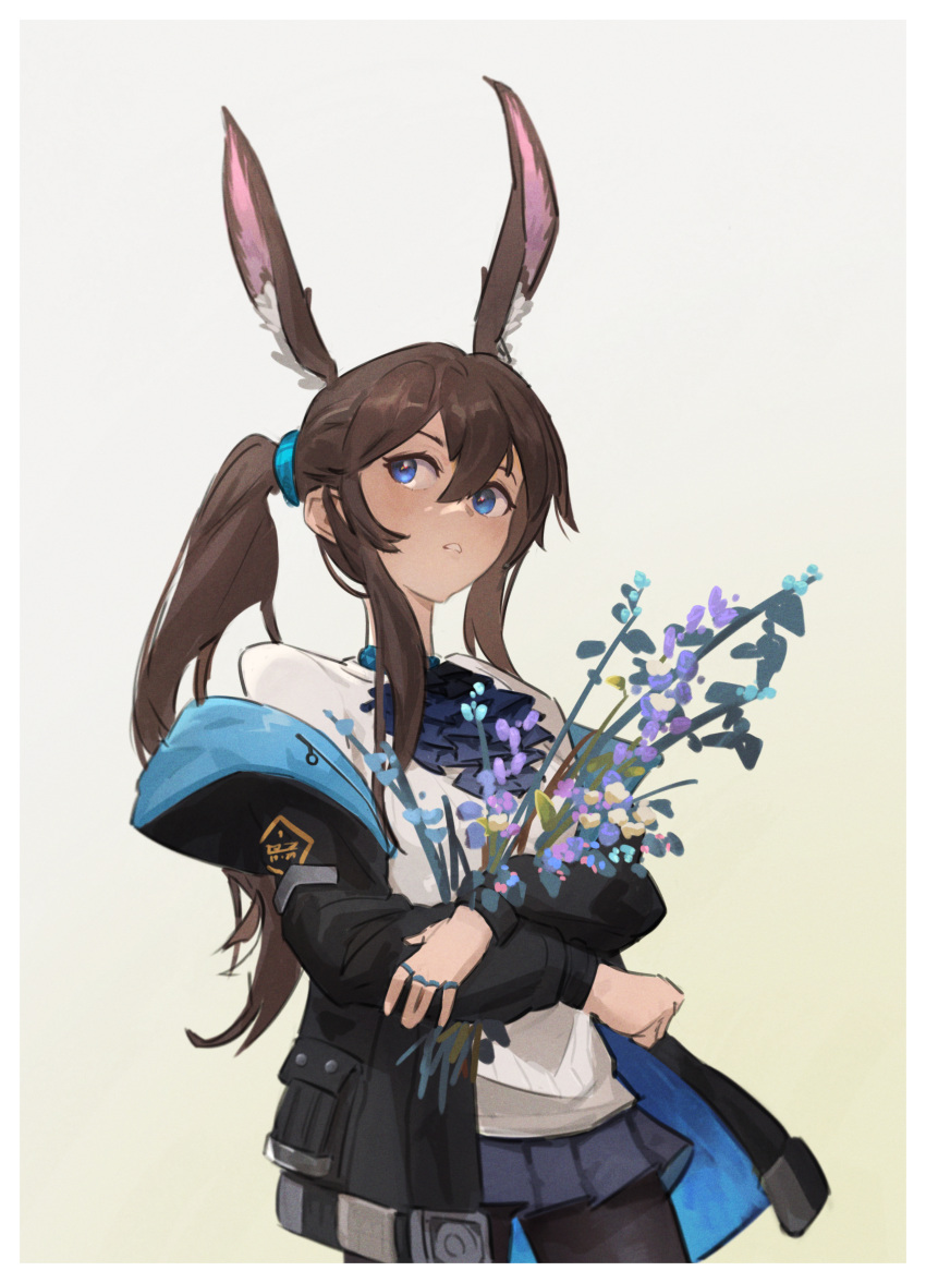 1girl absurdres amiya_(arknights) animal_ear_fluff animal_ears arknights bangs black_jacket black_legwear black_skirt blue_eyes border brown_hair commentary cowboy_shot cropped_legs dotr_art eyebrows_behind_hair flower green_background hair_between_eyes highres holding holding_flower jacket jewelry light_blush long_hair long_neck looking_to_the_side miniskirt multiple_rings off_shoulder pantyhose parted_lips pleated_skirt ponytail rabbit_ears ring shirt sidelocks simple_background skirt solo two-sided_fabric two-sided_jacket white_border white_shirt