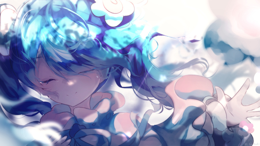 1girl bangs blue_hair blurry blurry_foreground close-up closed_eyes closed_mouth clouds commentary dappled_sunlight eyebrows_behind_hair face facing_viewer flower fuyuzuki_gato hand_up hatsune_miku light_rays long_hair magical_mirai_(vocaloid) pink_flower portrait smile solo sunlight swept_bangs tears twintails twitter_username vocaloid