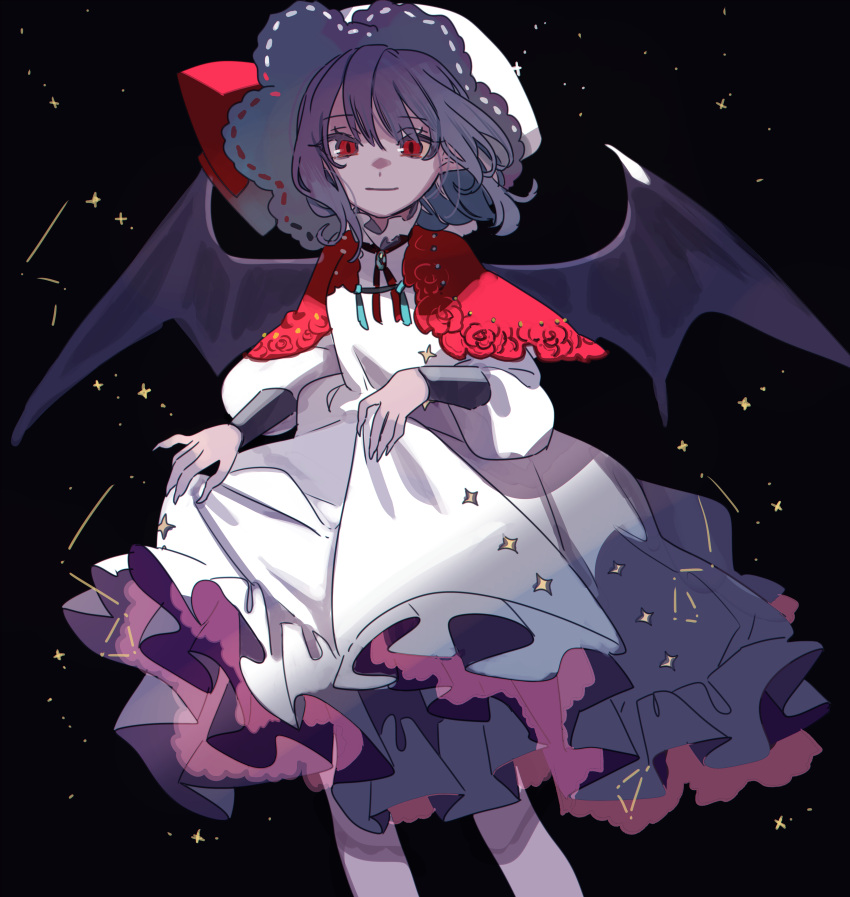 1girl absurdres bat_wings black_background brooch capelet closed_mouth commentary constellation cowboy_shot dress frilled_dress frills hat highres jewelry light_smile long_sleeves looking_at_viewer medium_hair mob_cap neckerchief purple_hair red_capelet red_eyes red_neckerchief remilia_scarlet shi_chimi skirt_hold solo star_(sky) touhou white_dress white_headwear wings