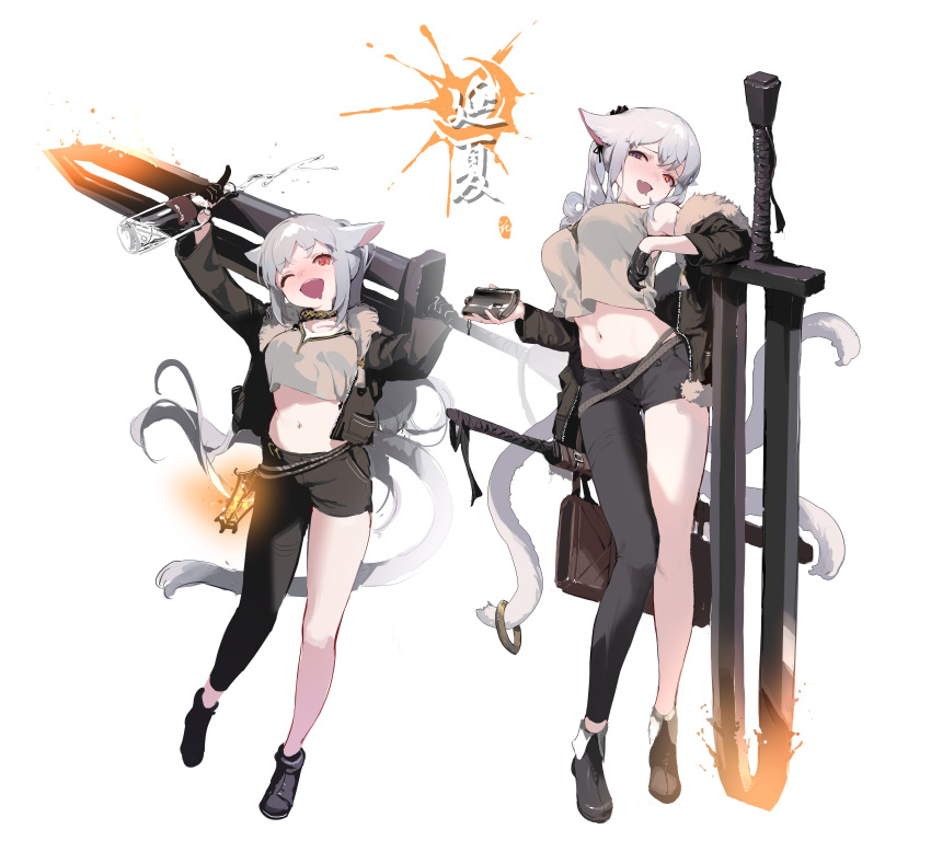 2girls :d ;d absurdres animal_ears arms_up asymmetrical_clothes bare_shoulders black_footwear black_gloves black_jacket black_pants bottle breasts cat_ears cat_girl cat_tail collar crop_top crop_top_overhang fang full_body fur_trim gloves grey_hair grey_shirt heterochromia highres holding holding_sword holding_weapon huge_weapon jacket large_breasts long_hair long_sleeves looking_at_viewer medium_breasts midriff multiple_girls multiple_tails navel off_shoulder one_eye_closed open_clothes open_jacket open_mouth orange_eyes original pants planted planted_sword red_eyes revealing_clothes shirt shisantian shoes simple_background single_glove single_pantsleg sleeveless sleeveless_shirt slit_pupils smile smug spray_bottle standing stomach sword tail tail_ornament tail_ring thighs very_long_hair violet_eyes weapon white_background white_hair