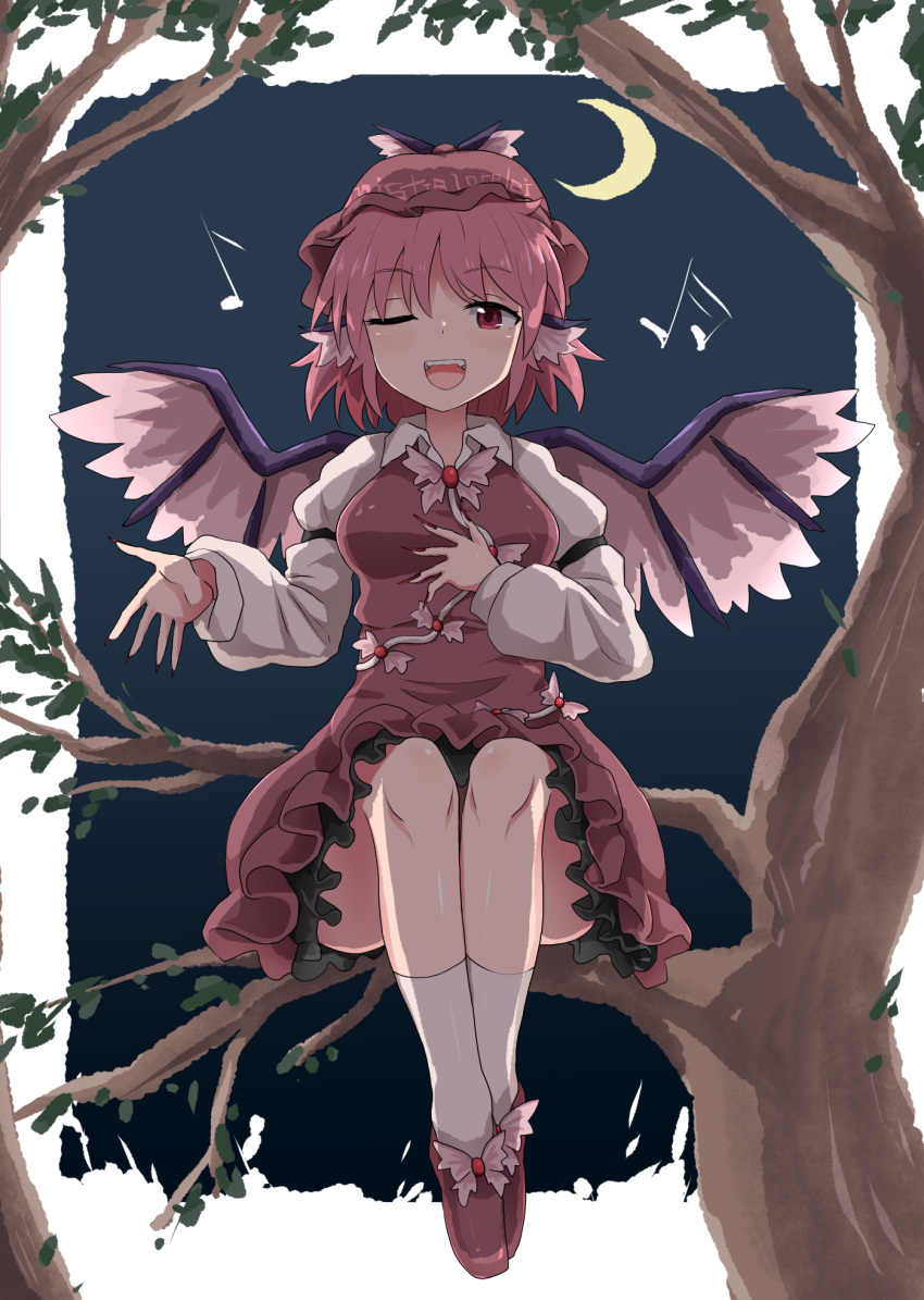 1girl animal_ears bare_tree blush breasts chups dress eyebrows_visible_through_hair fingernails forest full_moon hand_on_own_chest hat highres in_tree juliet_sleeves kneehighs long_sleeves looking_at_viewer moon mystia_lorelei nature night one_eye_closed open_mouth outdoors pink_hair puffy_sleeves shoes short_hair sitting sitting_in_tree solo touhou tree white_legwear wings