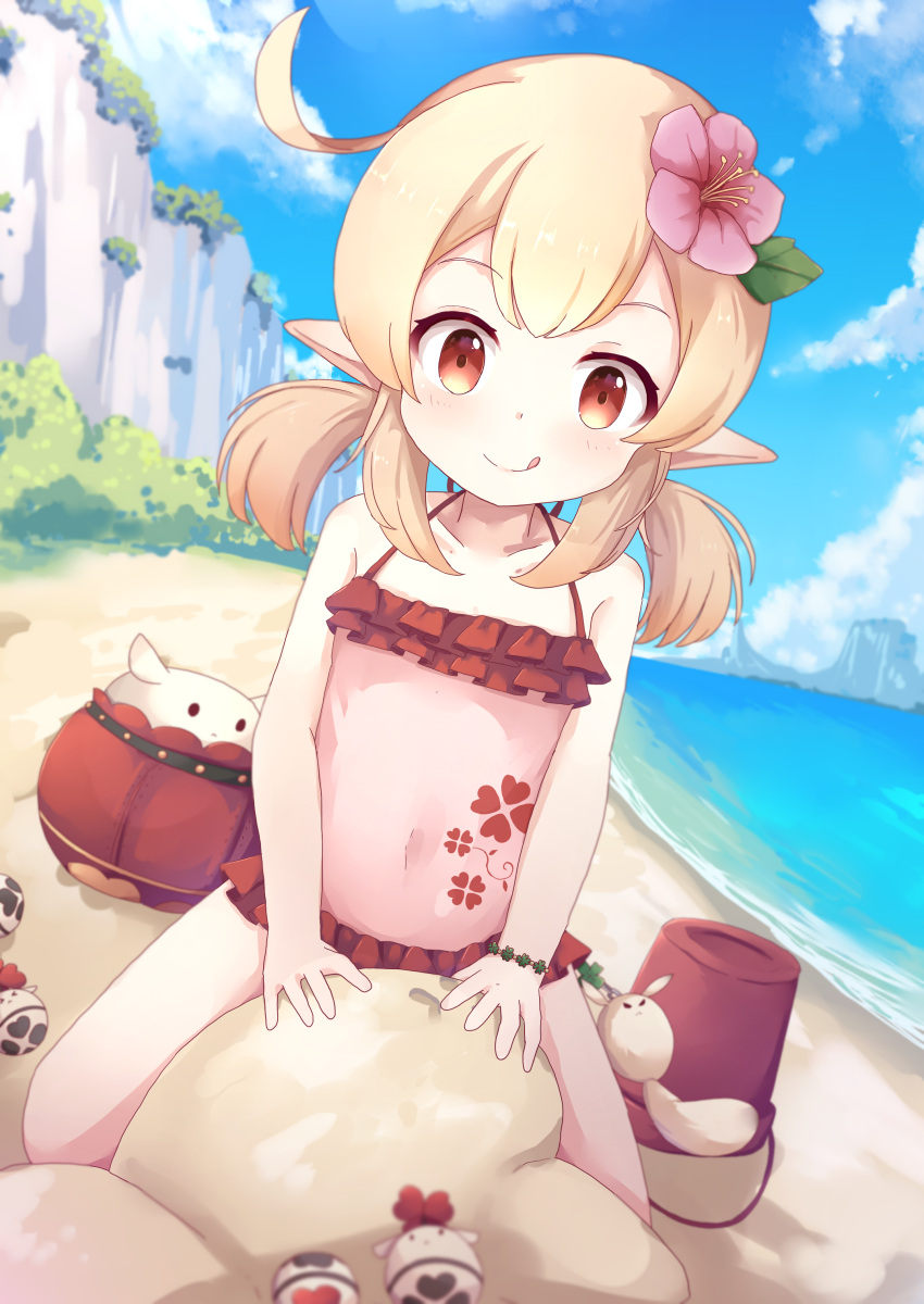 1girl absurdres beach blonde_hair blush bracelet collarbone commentary_request day flat_chest flower frilled_swimsuit frills genshin_impact hair_flower hair_ornament highres jewelry klee_(genshin_impact) kneeling licking_lips navel nyxerebos one-piece_swimsuit outdoors pointy_ears red_eyes sand sand_sculpture see-through_swimsuit sidelocks solo stomach swimsuit thighs tongue tongue_out