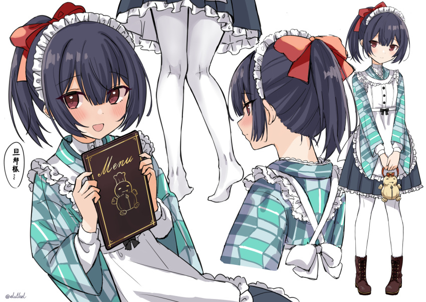 1girl apron bangs black_hair blush boots bow dress eluthel frills hair_bow headband highres idolmaster idolmaster_(classic) maid maid_apron menu morino_rinze pantyhose parted_bangs red_eyes smile translation_request wa_maid white_legwear