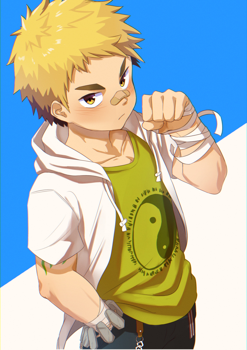 1boy absurdres arm_tattoo bandaid bandaid_on_face bandaid_on_nose blonde_hair blush clenched_hand commentary_request cowboy_shot from_above green_shirt highres hood hoodie looking_at_viewer looking_up madaato_(psgw3383) male_focus muscular_shota ooki_ikutoshi shirt short_hair short_sleeves simple_background solo tattoo thick_eyebrows tokyo_afterschool_summoners yellow_eyes yin_yang yin_yang_print