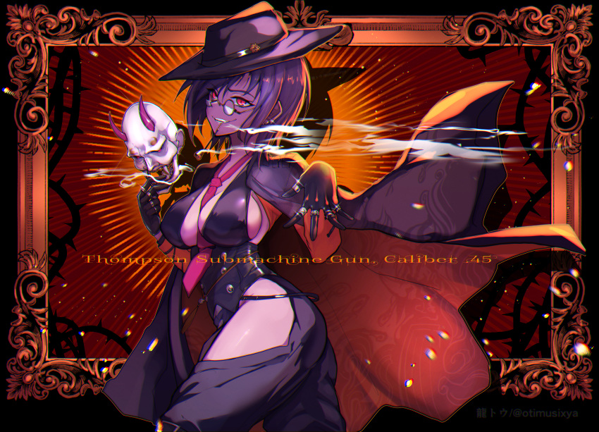 1girl absurdres bangs between_breasts black_cape black_gloves black_headwear black_pants black_vest breasts cape character_name english_text eyebrows_visible_through_hair feet_out_of_frame girls_frontline glasses gloves highres holding holding_mask jewelry kiseru long_hair looking_at_viewer looking_to_the_side mask medium_breasts necktie necktie_between_breasts official_alternate_costume open_mouth pants pipe_in_mouth purple_hair red_eyes red_necktie ring ryuu_tou sideboob smile smoke smoking_pipe solo standing teeth thompson_(girls'_frontline) thompson_(infernal_hannya)_(girls'_frontline) twitter_username vest