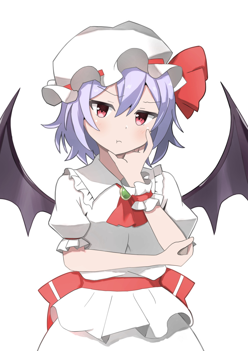 1girl :t absurdres ascot back_bow bangs bat_wings black_wings blouse blush bow brooch closed_mouth collared_shirt commentary_request eyebrows_visible_through_hair frilled_shirt_collar frills hand_on_own_cheek hand_on_own_face hat hat_ribbon head_tilt highres jewelry konmikan98 light_purple_hair looking_at_viewer mob_cap pout pouty_lips puffy_short_sleeves puffy_sleeves red_ascot red_bow red_eyes red_ribbon red_sash remilia_scarlet ribbon sash shirt short_hair short_sleeves simple_background skirt solo touhou upper_body vampire waist_bow white_background white_headwear white_shirt white_skirt wings